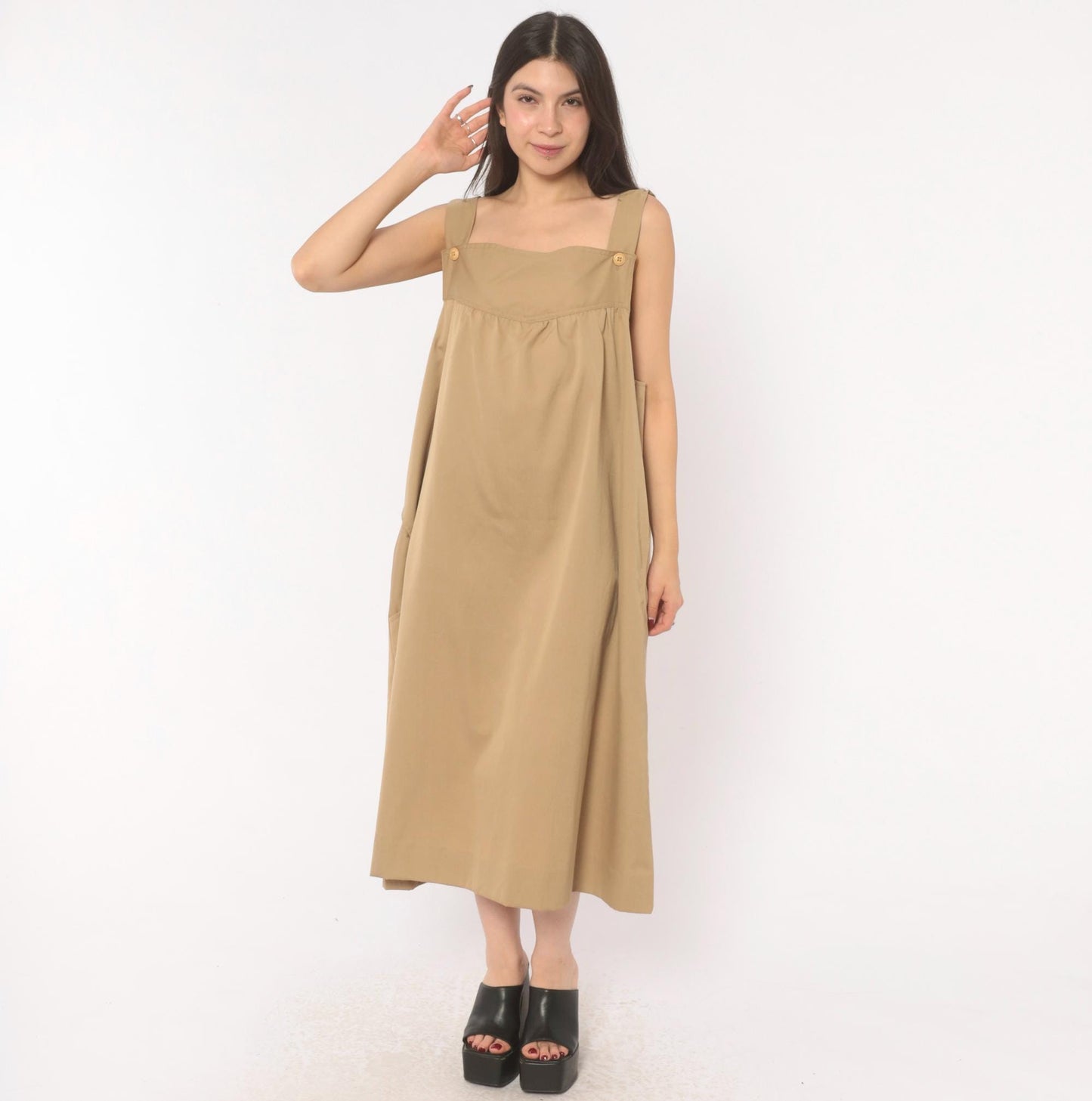 80s Tan Cotton Jumper Dress Square Neck Button Strap Midi Pinafore Large L