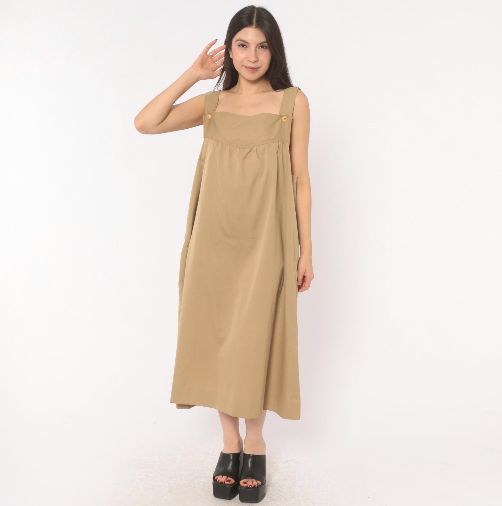 80s Tan Cotton Jumper Dress Square Neck Button Strap Midi Pinafore Large L