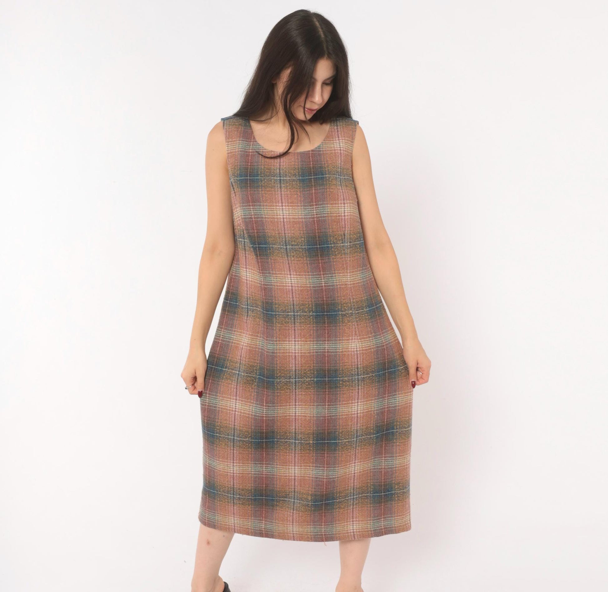 Y2K Chadwicks Plaid Wool Midi Dress Sleeveless A-Line Pink Teal Large L