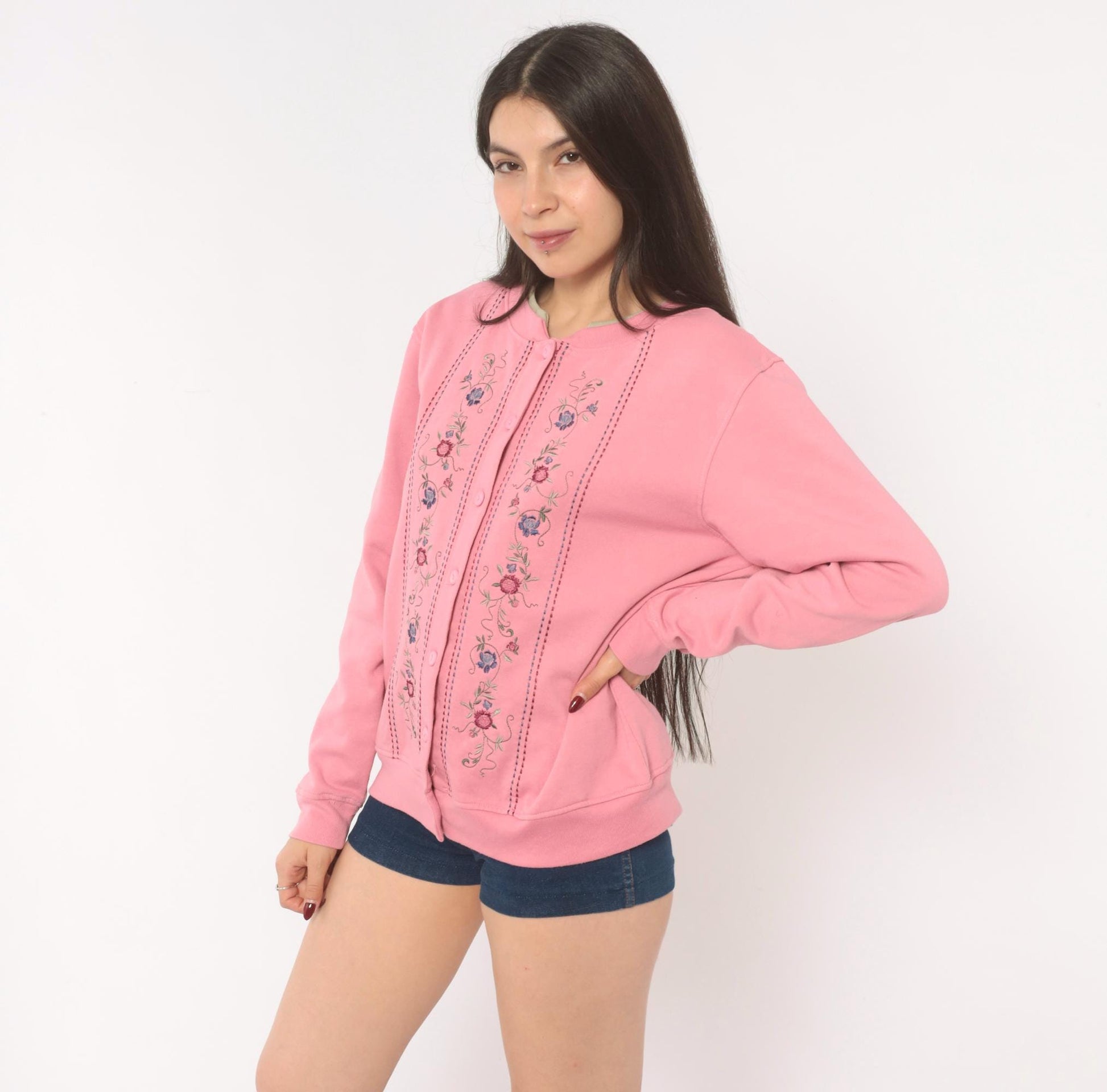 90s Shenanigans Floral Embroidered Cardigan Pink Cotton Button Front Medium