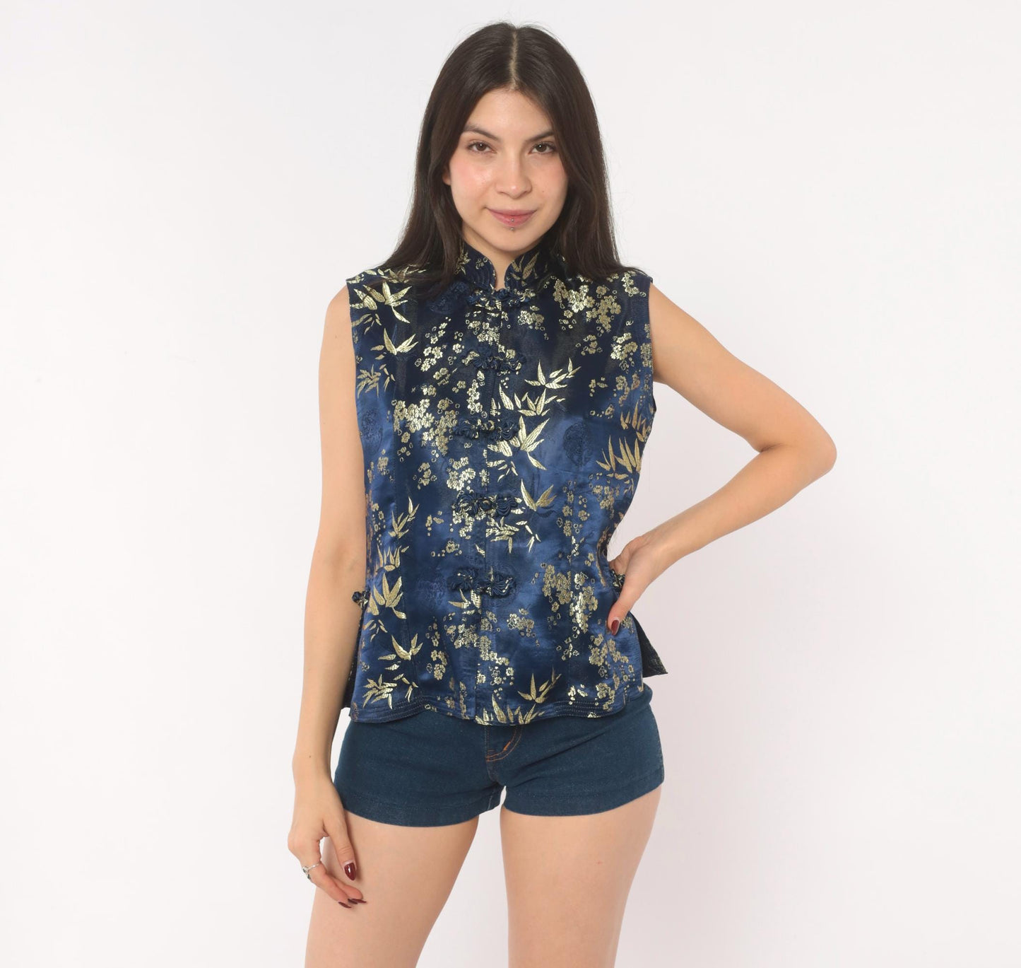 90s Navy Silk Cheongsam Vest Gold Bamboo Brocade Mandarin Collar Small S