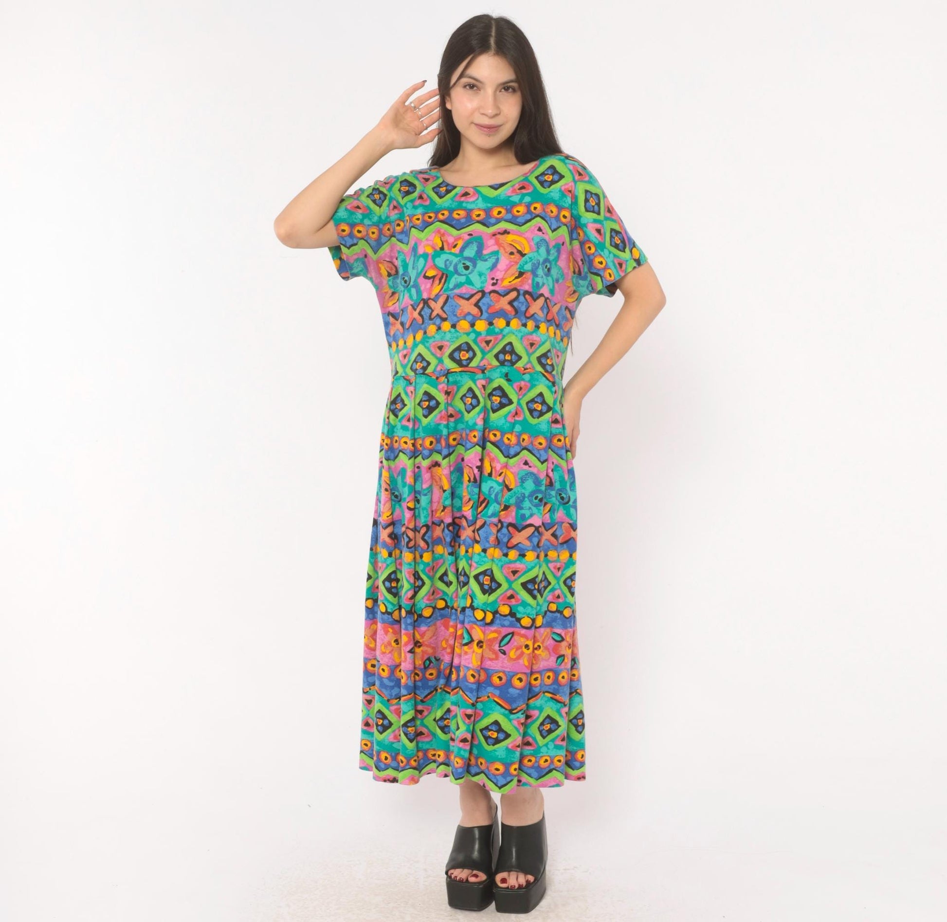 90s Sabino Geometric Tribal Print Maxi Dress Teal Pink Yellow Large L