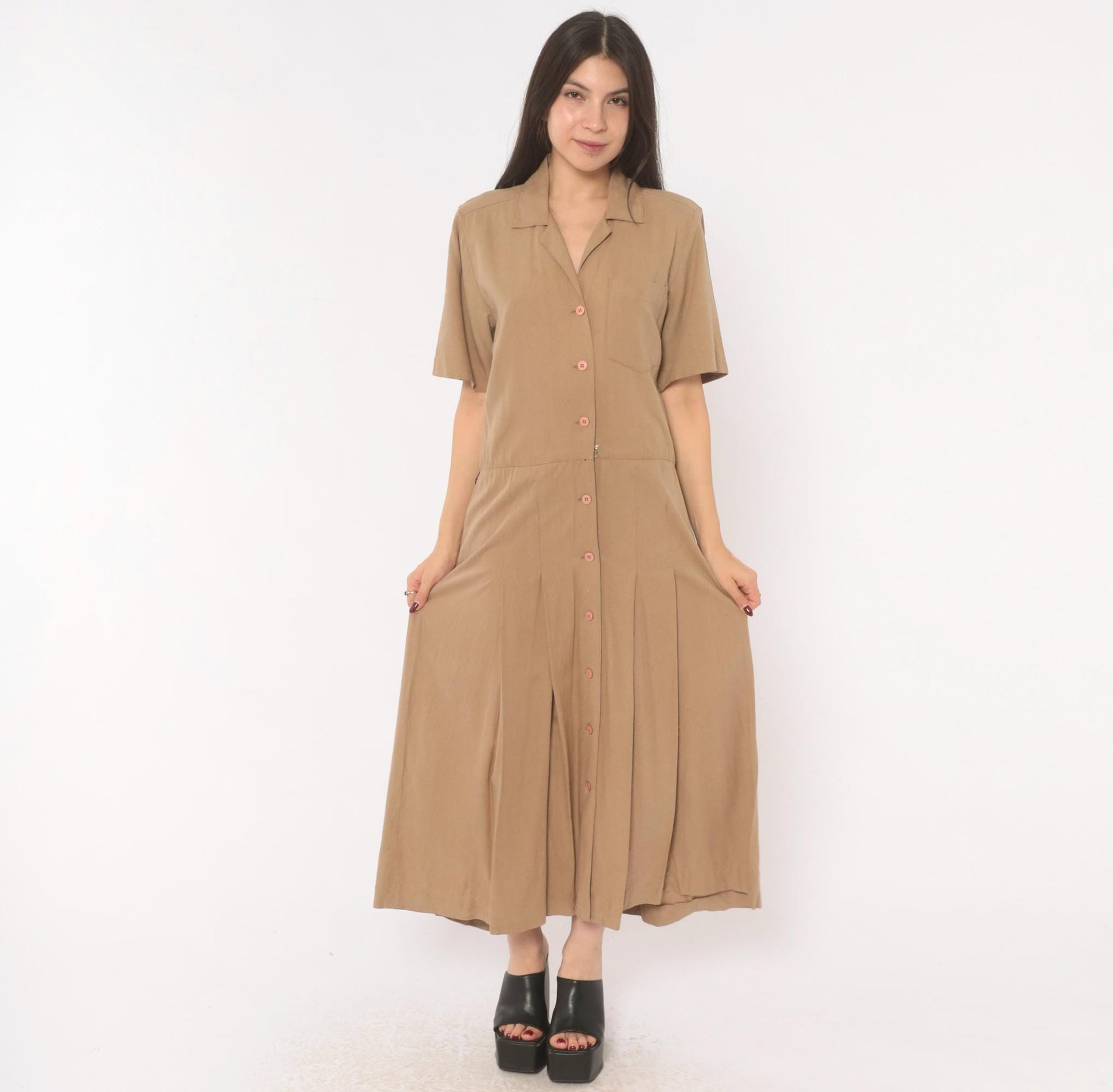 90s Liz Claiborne Silk Maxi Shirt Dress Tan Camp Collar Pleated Medium M