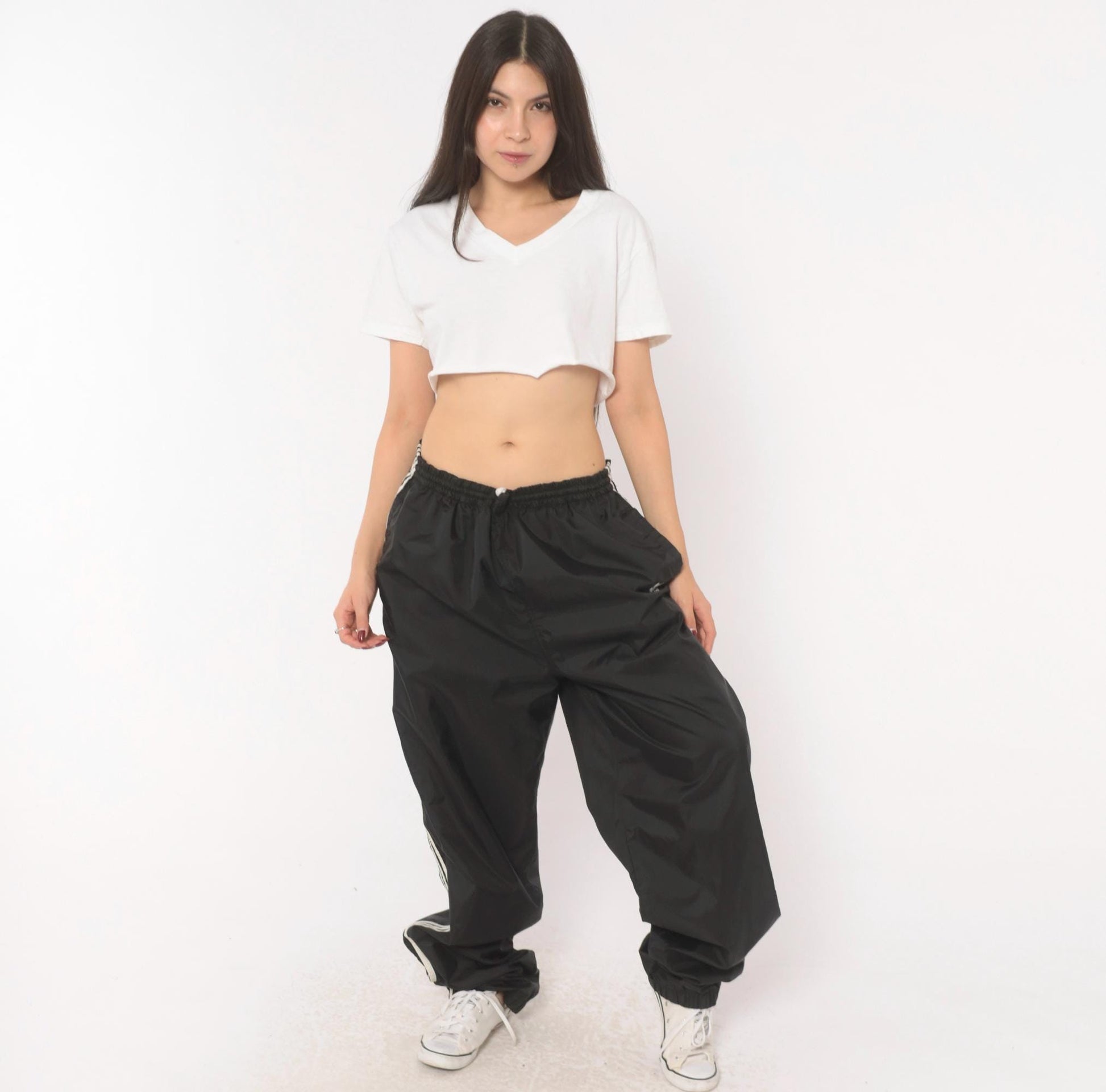90s Adidas Track Pants Black White Three Stripe Nylon Trefoil Extra Large XL