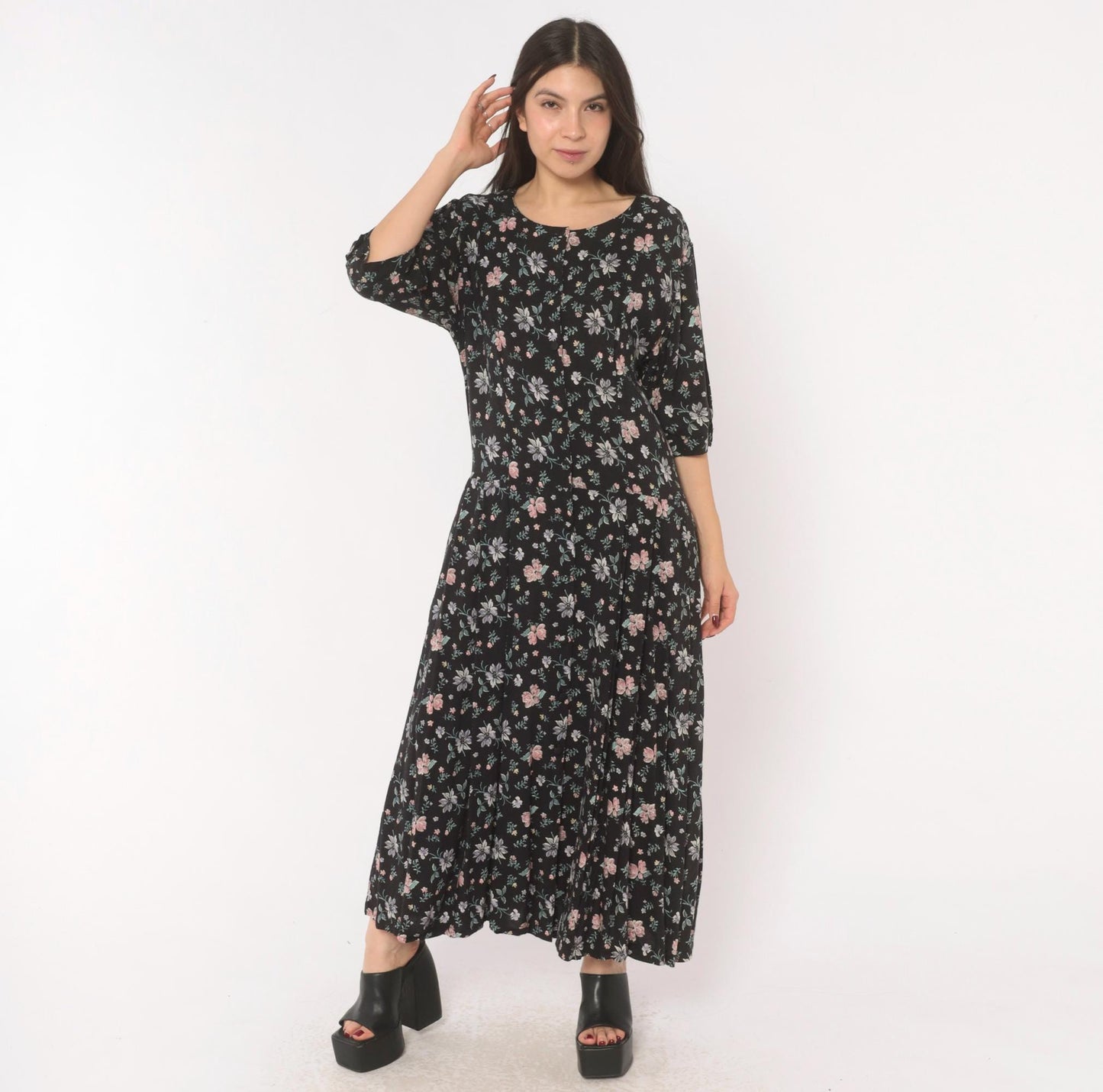 Y2K Putumayo Black Floral Maxi Dress Pink Lavender Button Front Large L