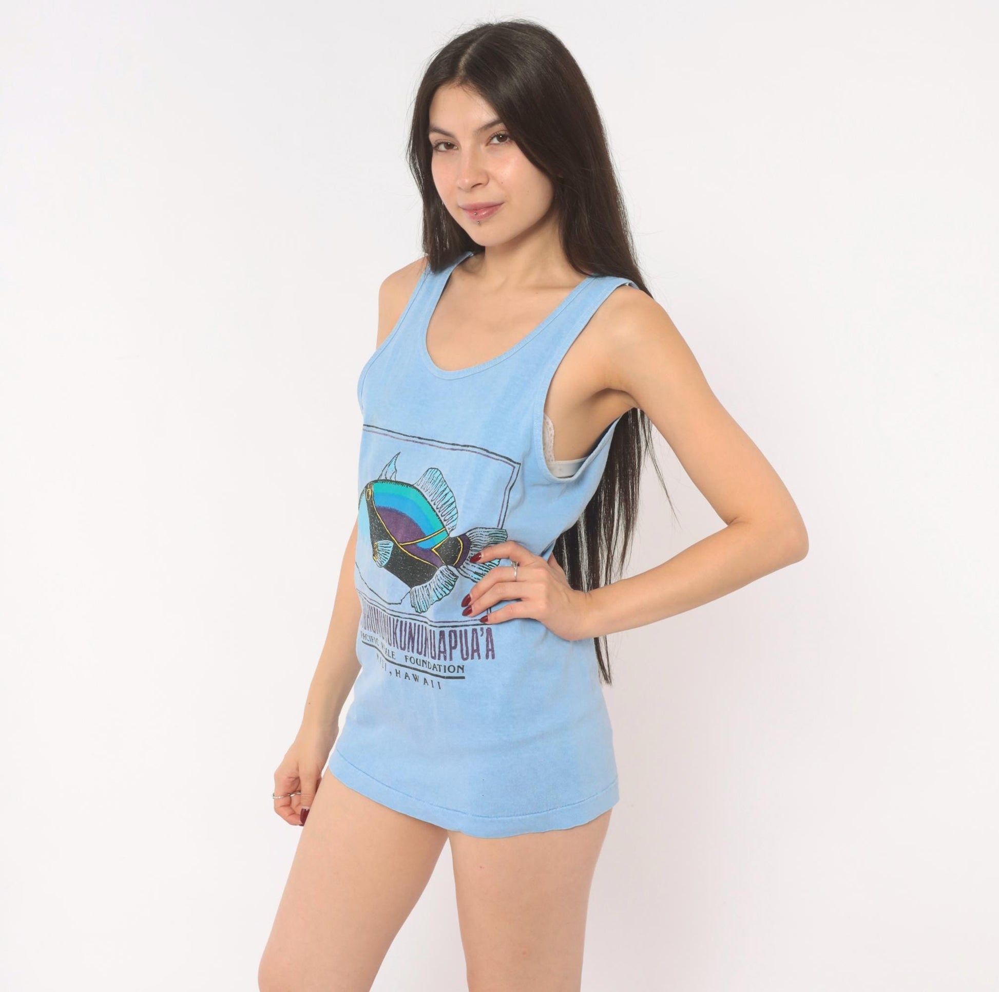 90s Fruit of the Loom Humuhumunukunukuapua'a Tank Top Light Blue Small