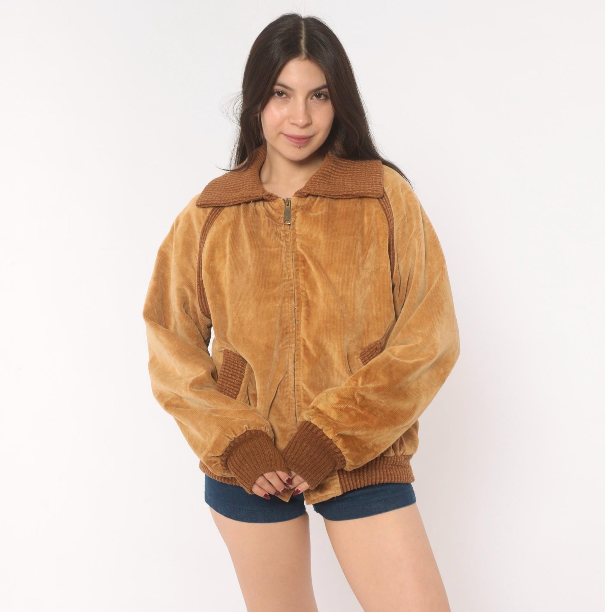 70s Corduroy Bomber Jacket Tan Raglan Knit Collar Zip Front Medium
