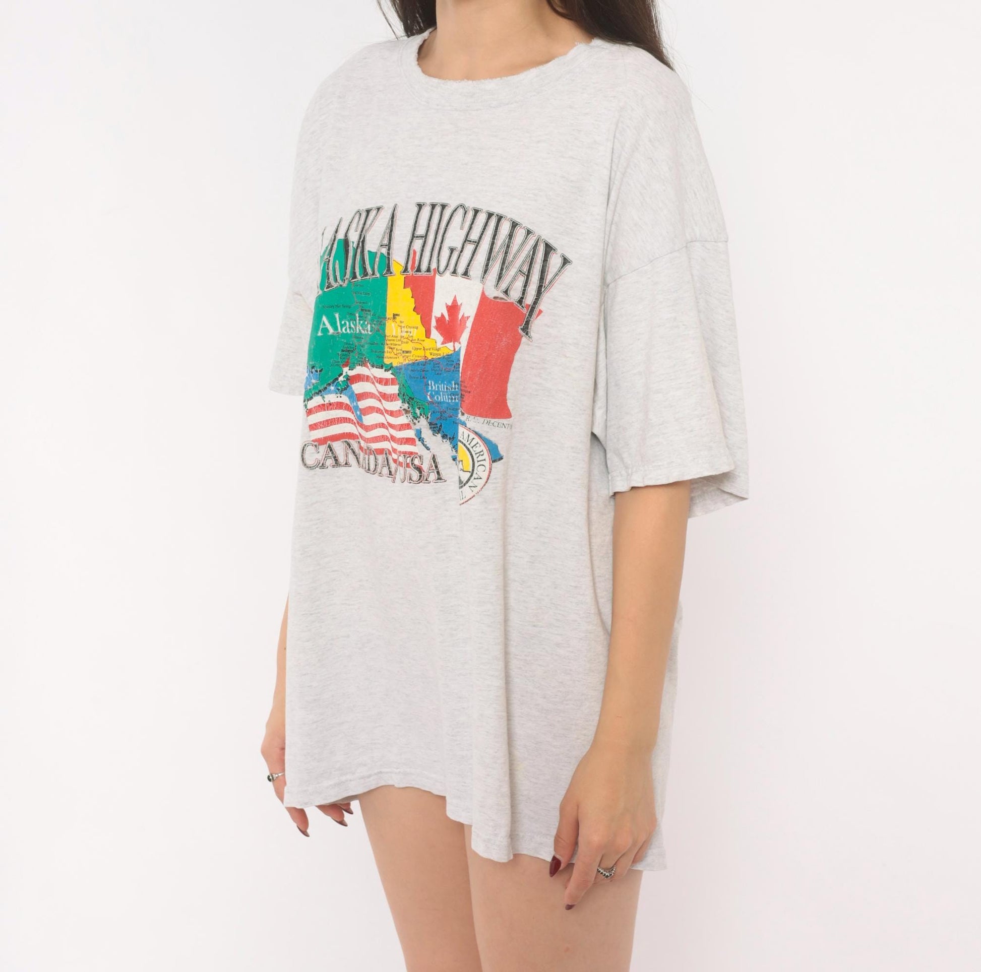 90s Alaska Highway Map Graphic Tee Gildan Heather Grey Extra Large XL