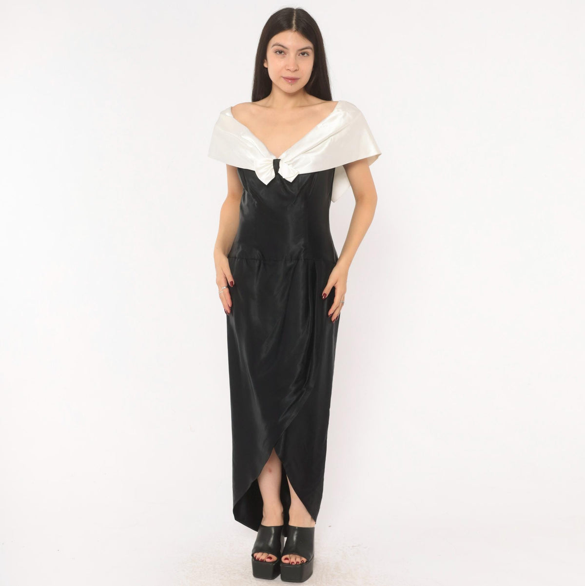 90s Black Satin Maxi Gown White Bow Off-Shoulder V-Neck Cap Sleeve Medium