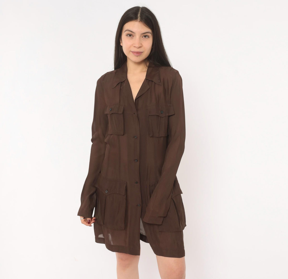 90s Dries Van Noten Silk Shirt Dress Brown Sheer Safari Utility Pocket Small