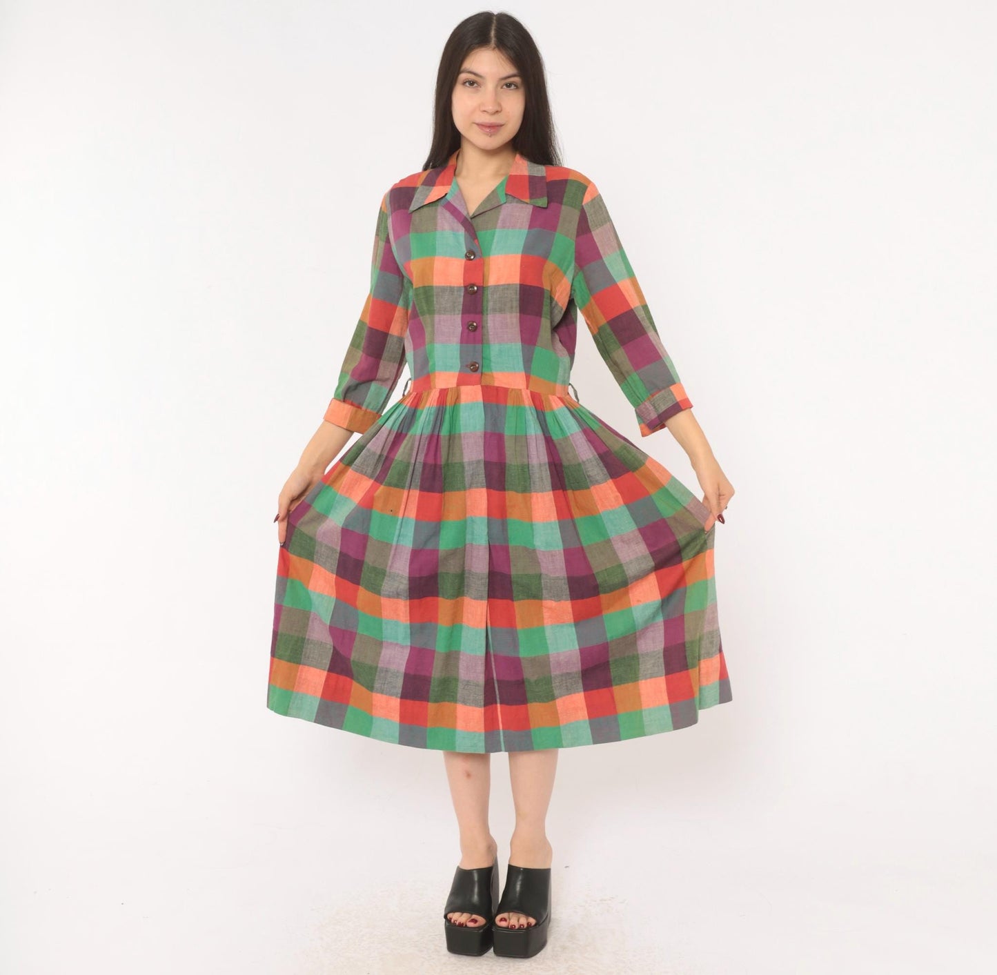 60s Multicolor Plaid Shirtdress Cotton Button Front Midi Purple Green Coral Large