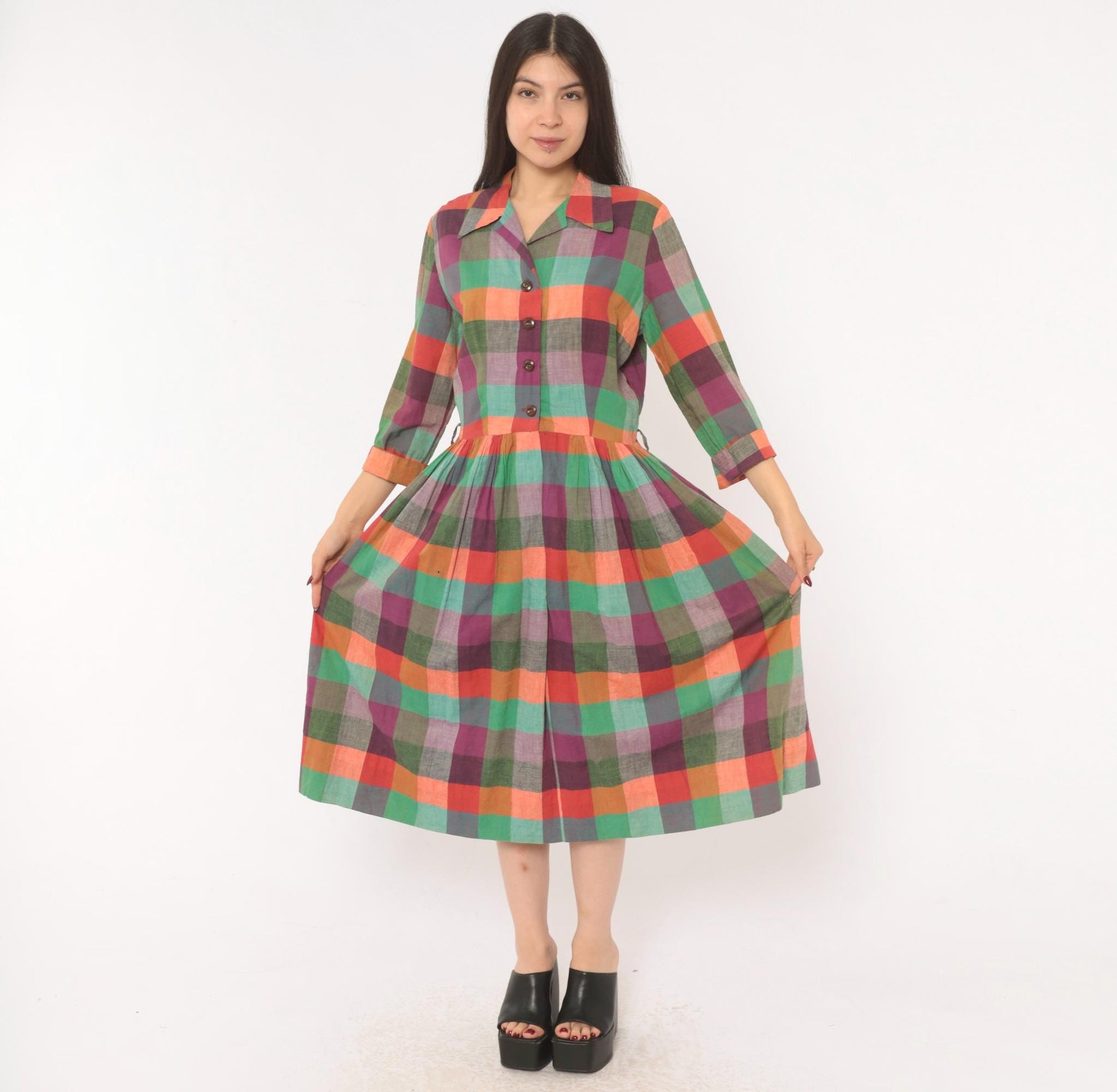 60s Multicolor Plaid Shirtdress Cotton Button Front Midi Purple Green Coral Large