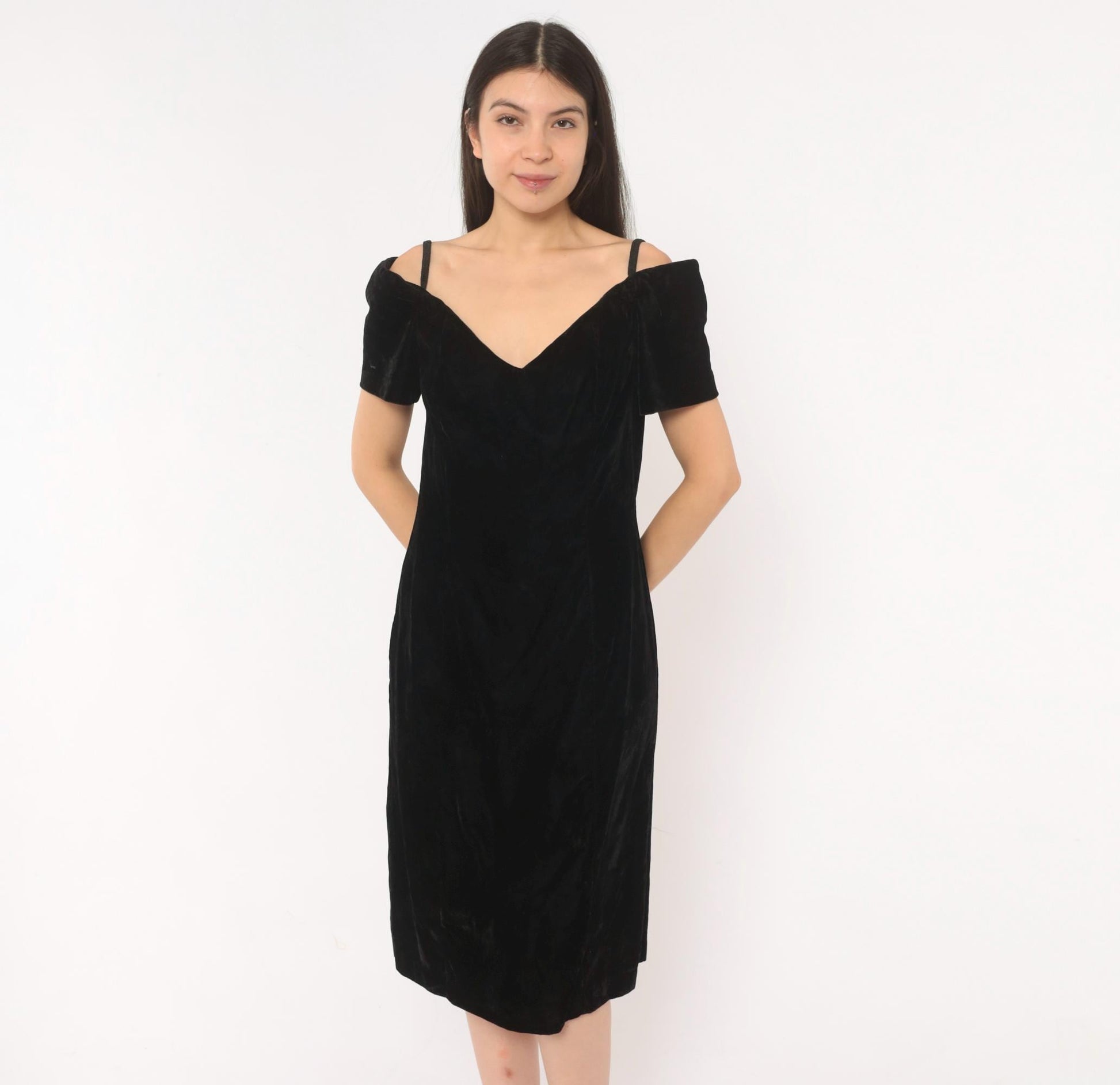 90s Black Velvet Off-Shoulder Dress V-Neck Spaghetti Strap Knee Length Medium M