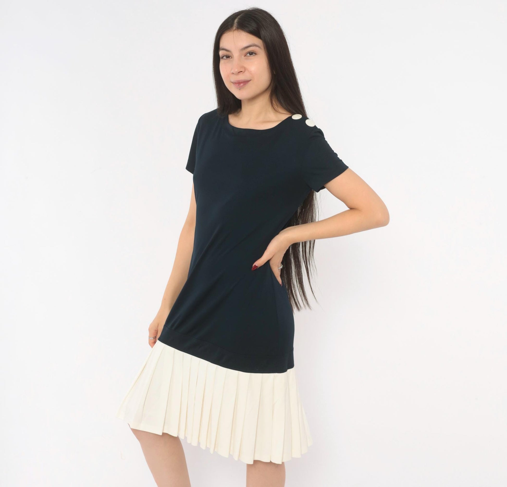 90s Robbie Bee Drop Waist Dress Navy Cream Pleated Colorblock Small