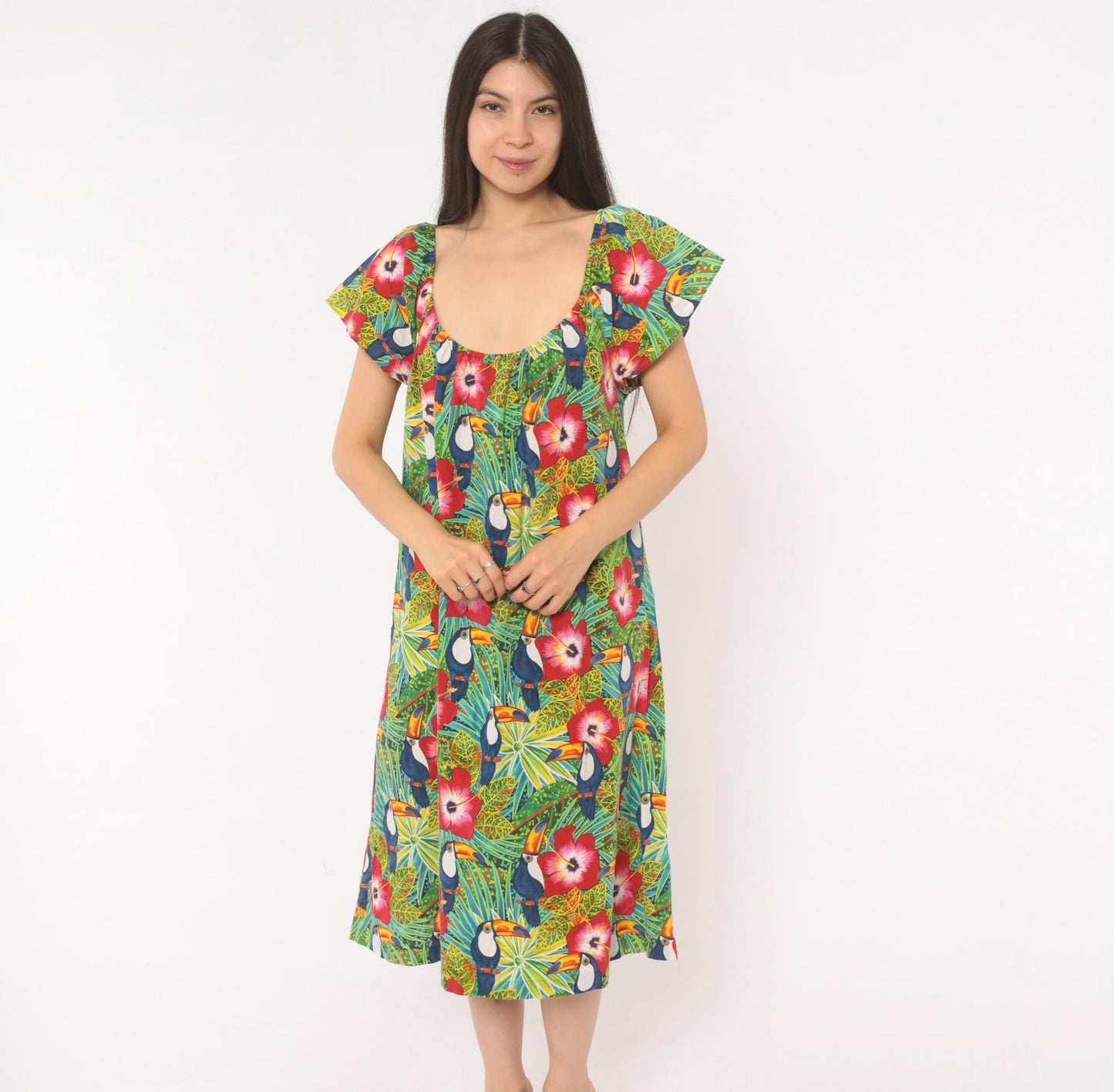 80s Seawind Toucan Hibiscus Midi Dress Flutter Sleeve Cotton Tropical Extra Large