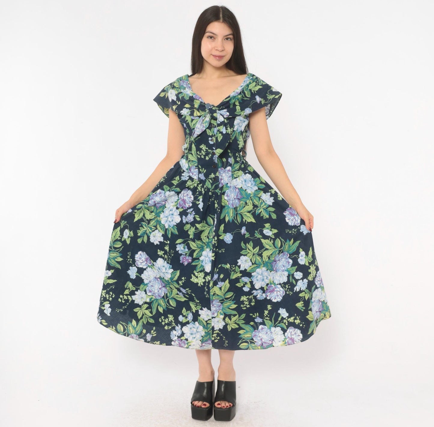 80s Jessica Howard Navy Floral Cotton Dress Sailor Collar Button Front Medium