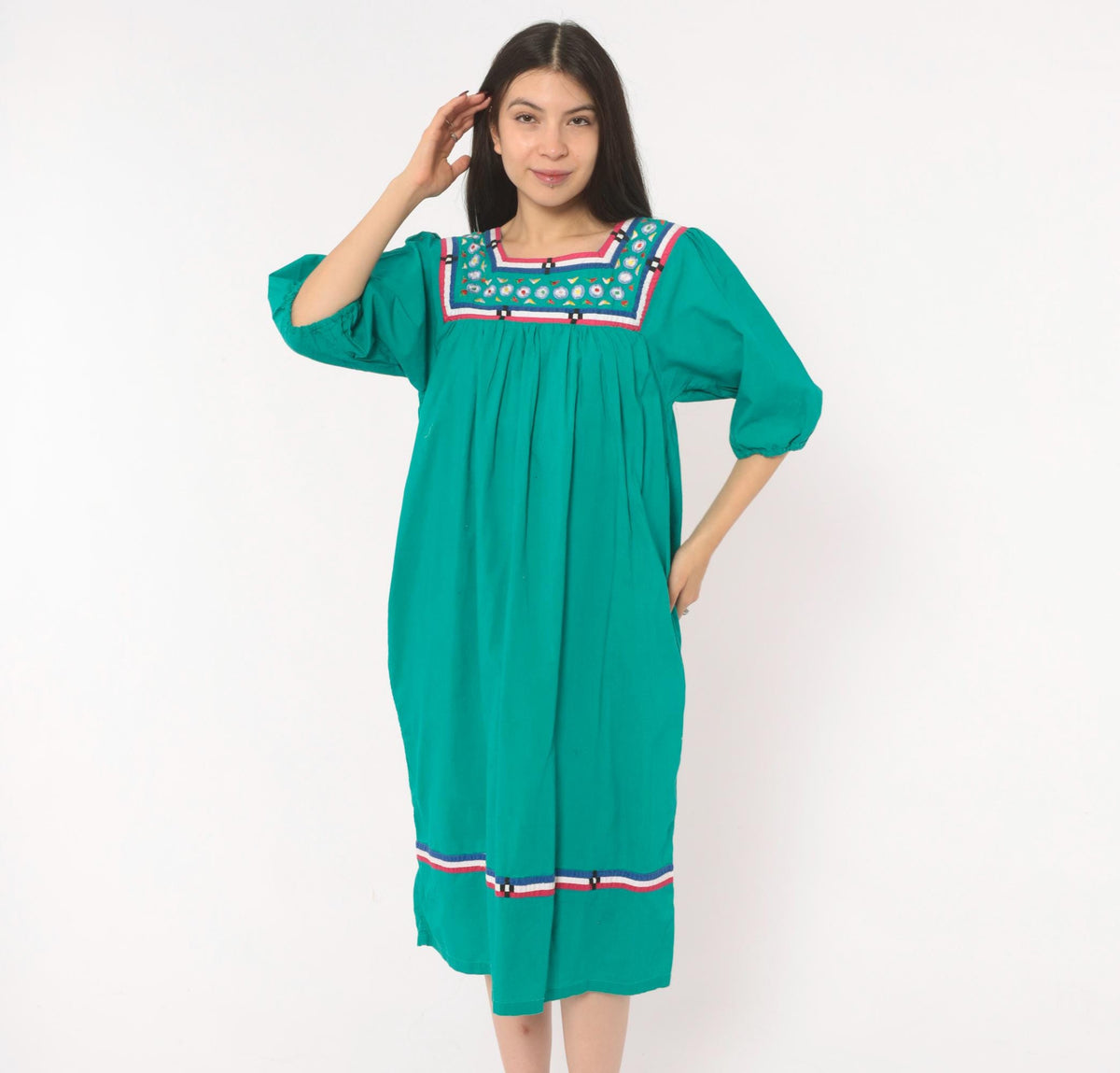 80s Naqui Teal Cotton Dress Embroidered Floral Yoke Puff Sleeve Small S