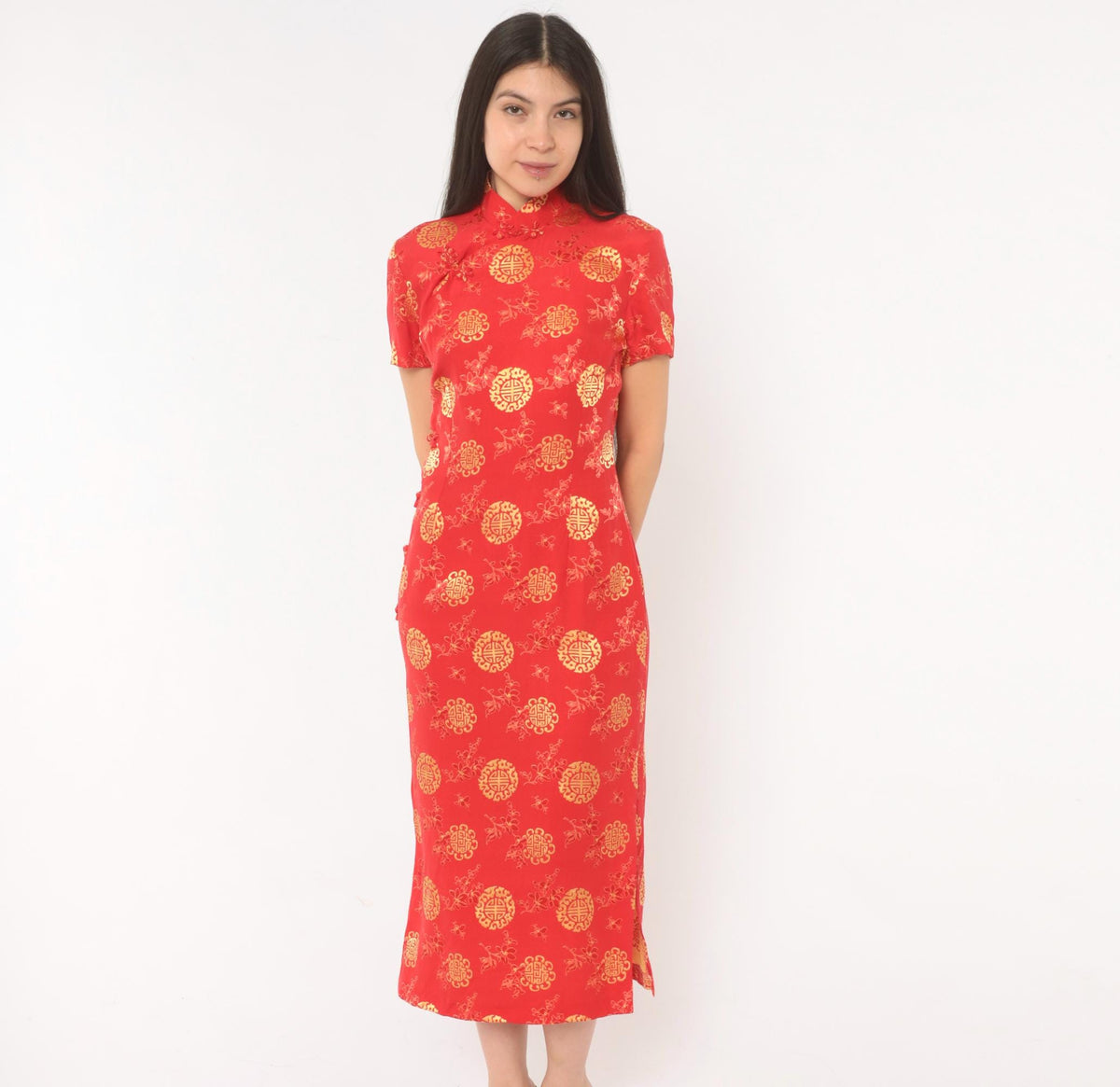 80s Red Gold Cheongsam Midi Dress Mandarin Collar Frog Button Small