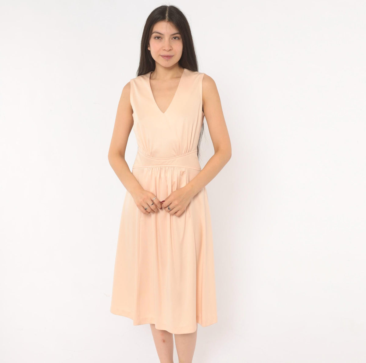 70s Plaza South Peach V-Neck Sundress Pleated Flare Midi Small