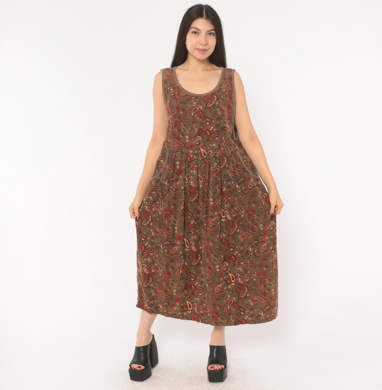 90s Erika Paisley Corduroy Jumper Dress Olive Maxi Pleated Skirt Extra Large XXL