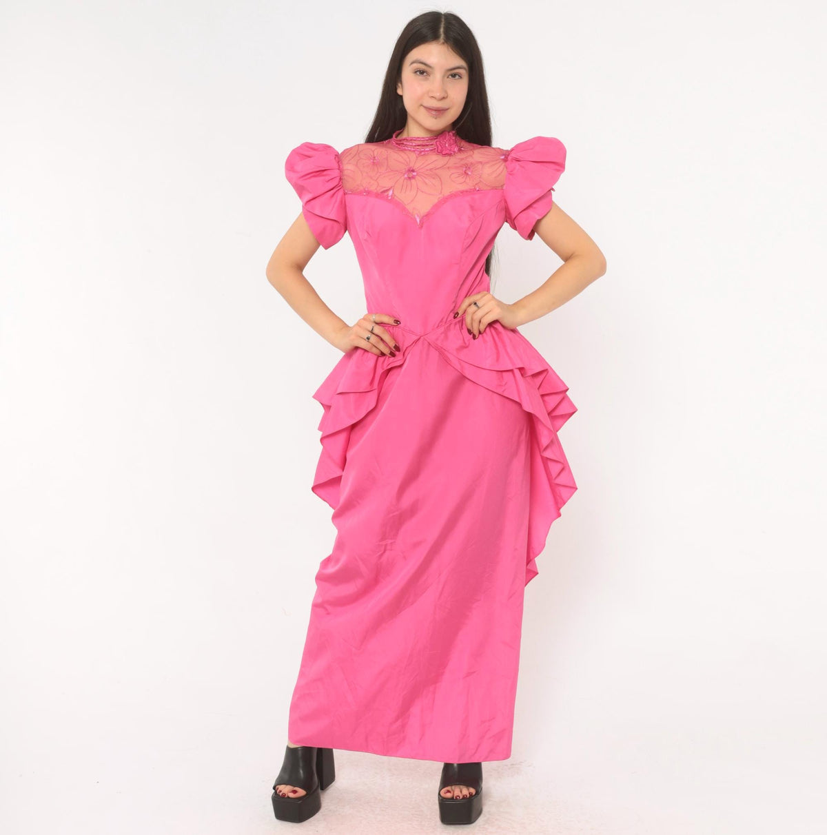 80s Eve Of Milady Hot Pink Maxi Gown Puff Sleeve Peplum Lace Bodice Small