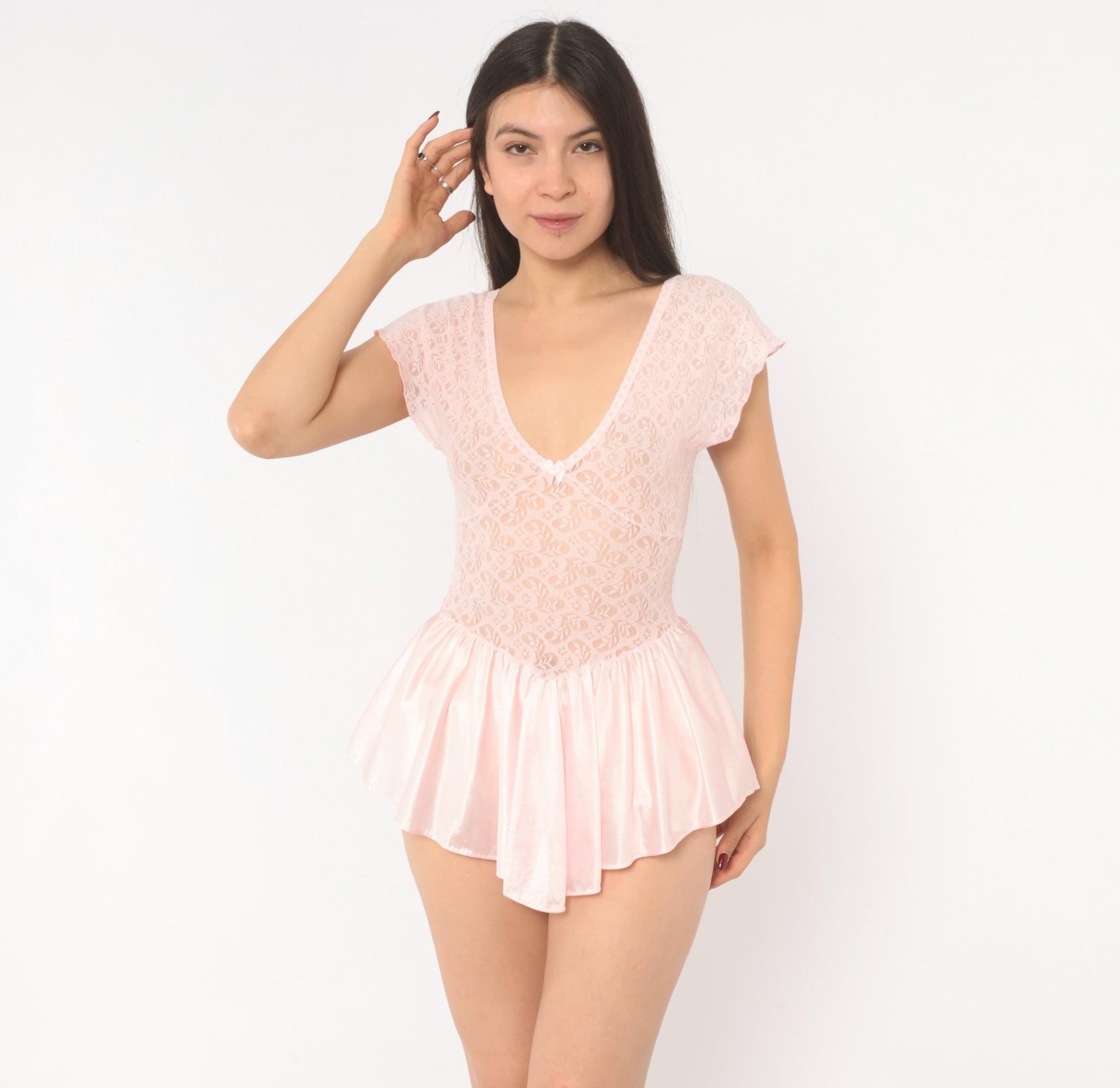90s Cinema Etoile Pink Lace Babydoll Top Flutter Sleeve Bow Small S