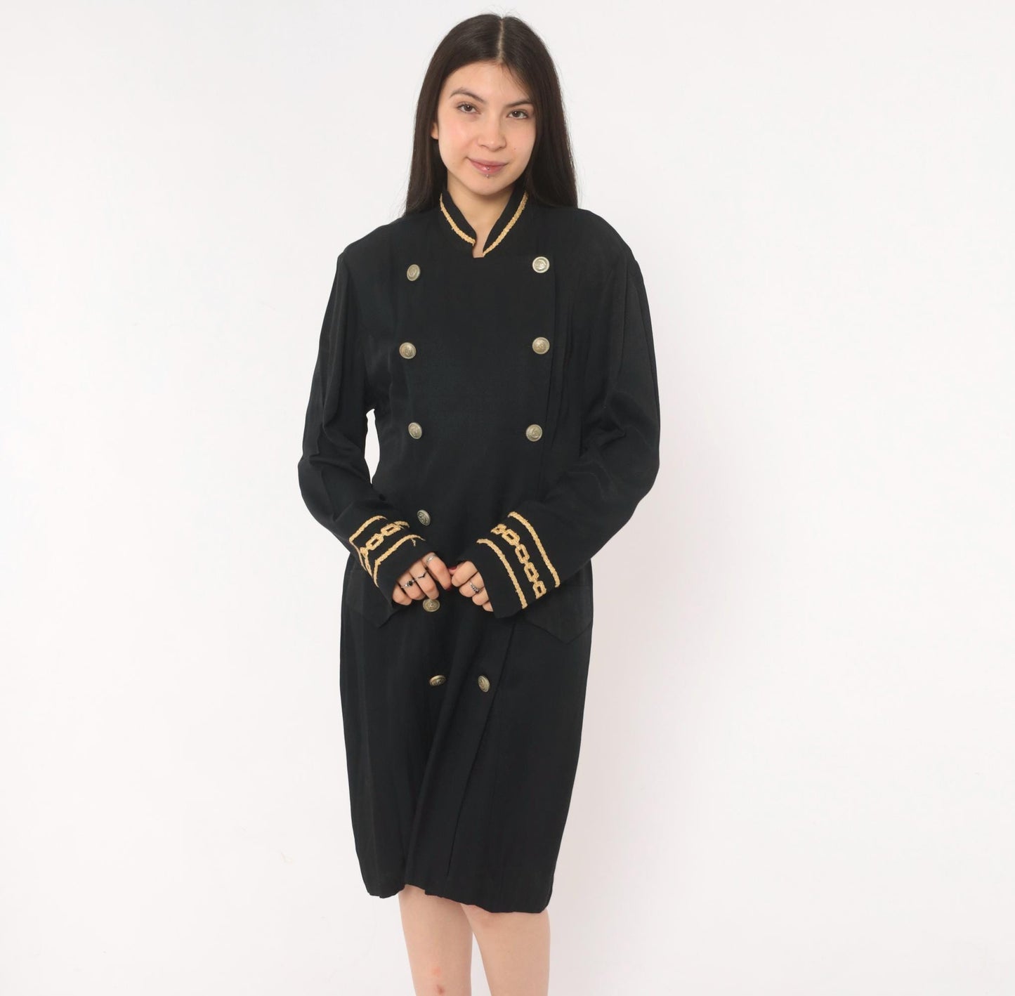 90s Marnie West Military Coat Dress Black Gold Chain Mandarin Collar Large L