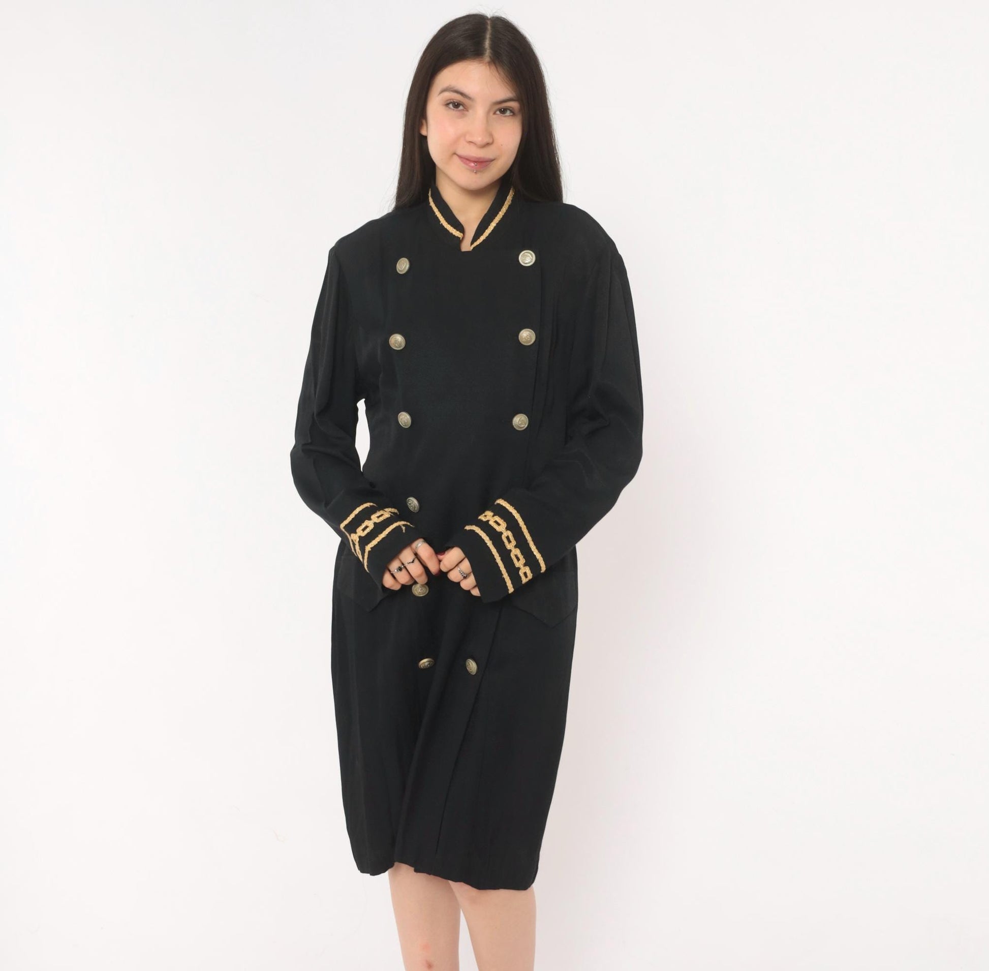 90s Marnie West Military Coat Dress Black Gold Chain Mandarin Collar Large L