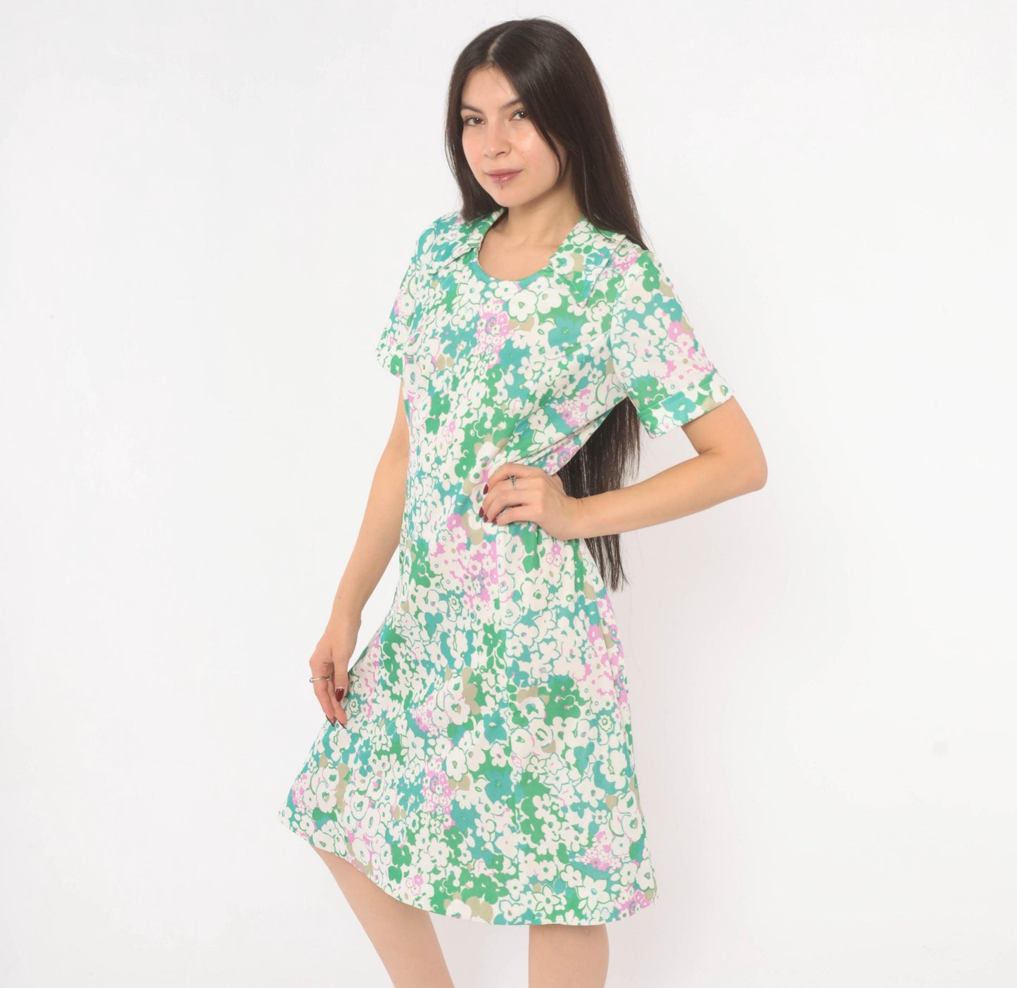 70s Psychedelic Floral A-Line Dress Green Pink White Scoop Collar Knee Medium