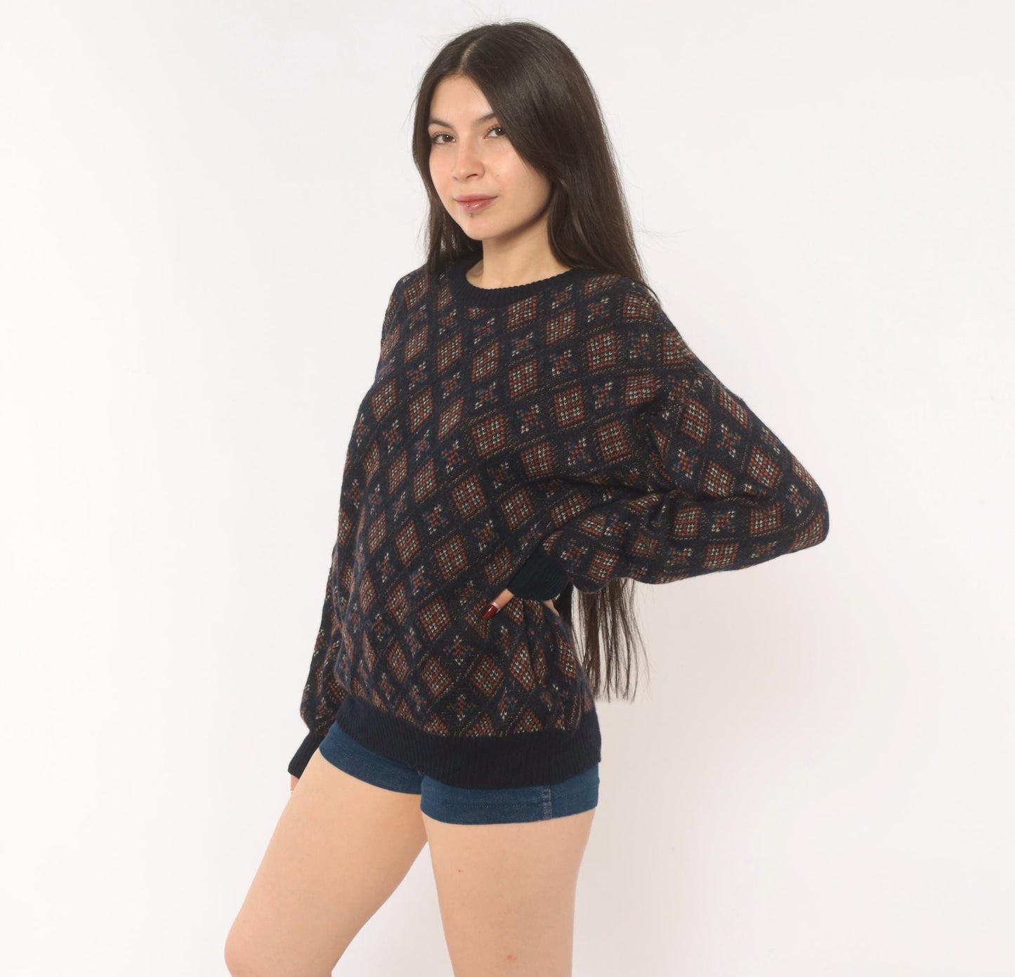 90s Robert Banks Wool Argyle Sweater Navy Rust Geometric Fair Isle Large L