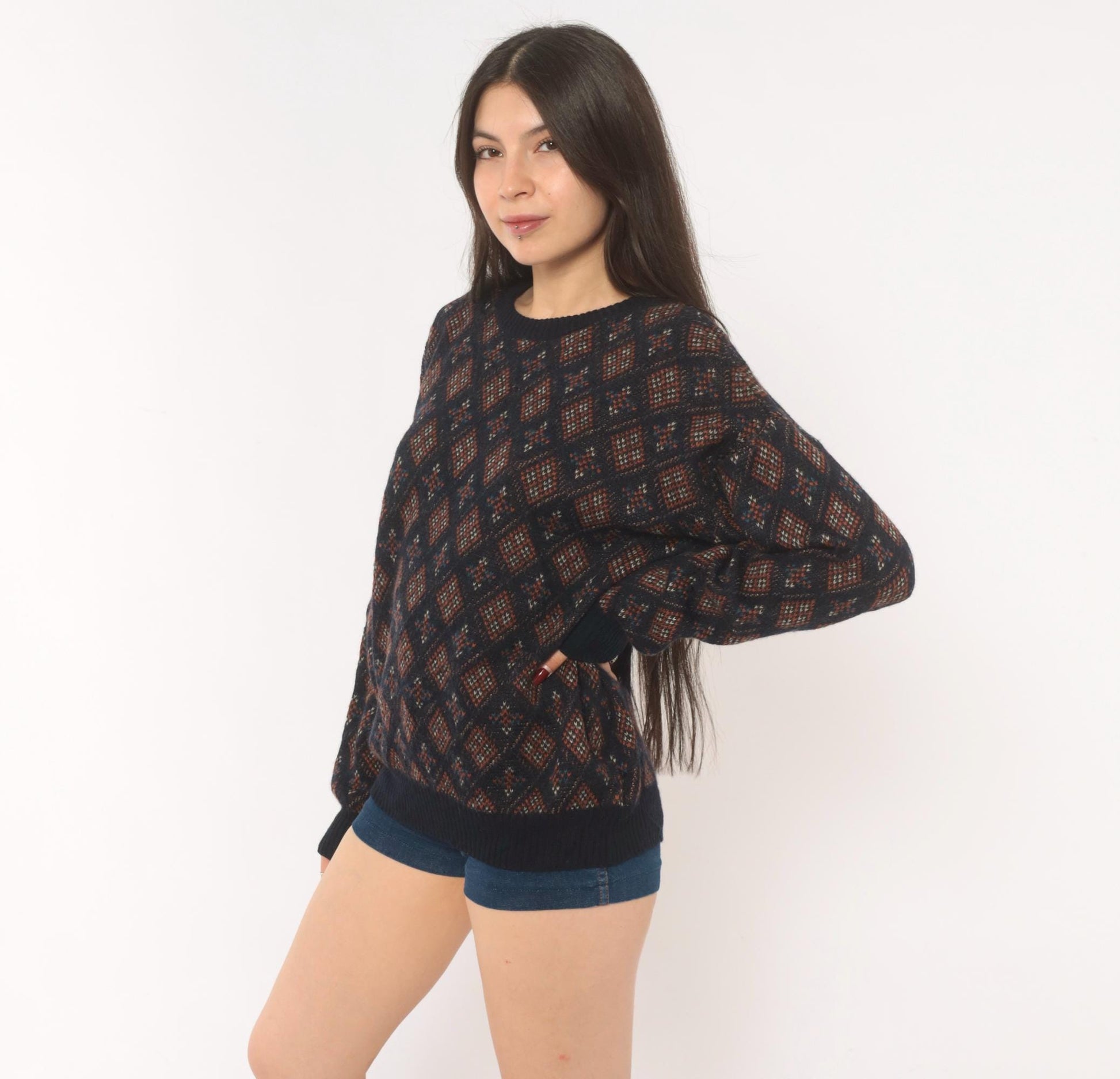90s Robert Banks Wool Argyle Sweater Navy Rust Geometric Fair Isle Large L
