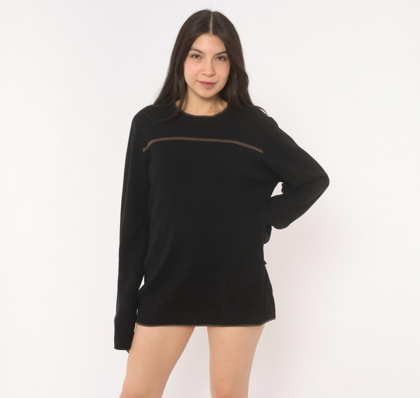 90s Reunion Black Knit Sweater Tan Stripe Crewneck Medium