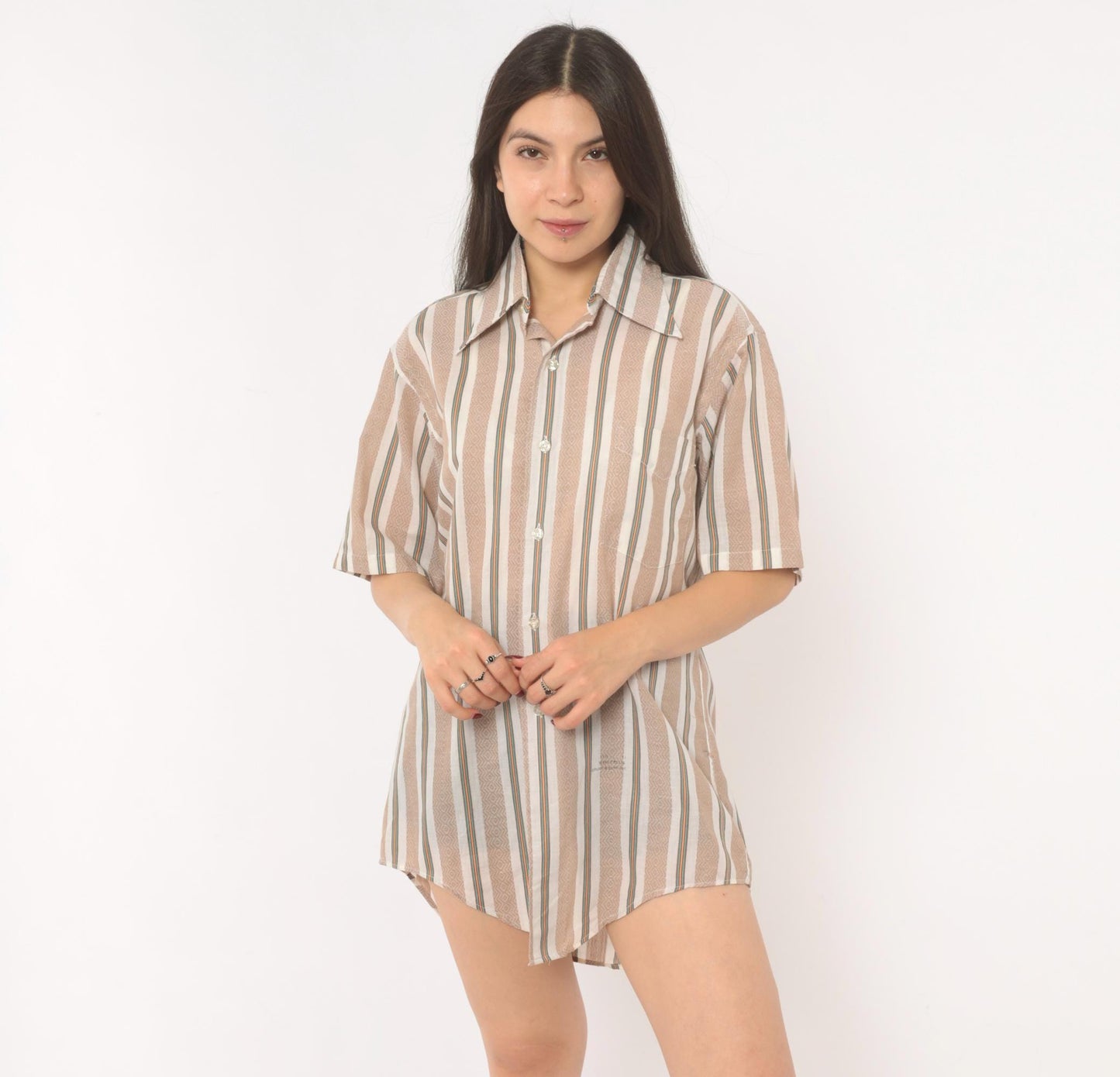 70s Donross Striped Button Up Shirt Cream Tan Teal Orange Camp Collar Medium