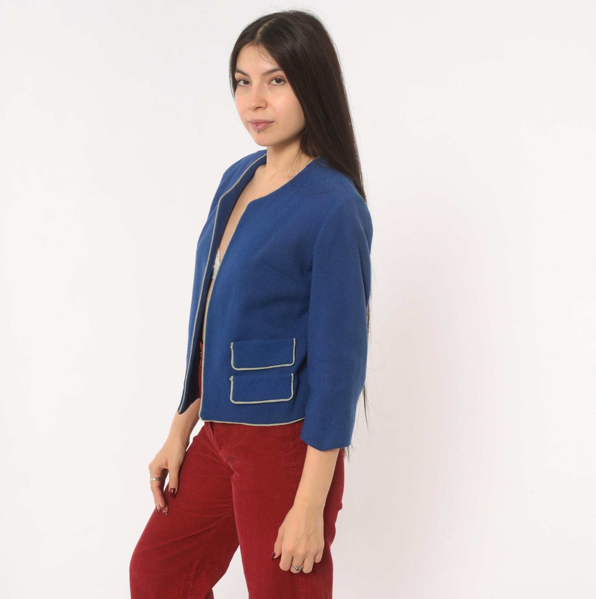 60s Cobalt Wool Blazer Cropped Jacket Cream Piping Three Quarter Sleeve Small S