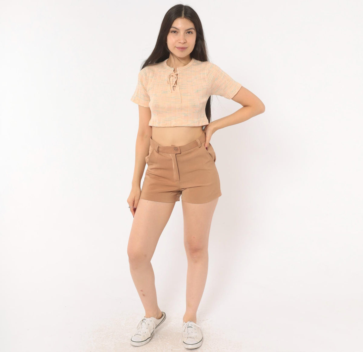 00s Tan Tailored Shorts High Waist Button Front Cuffed Hem Small S