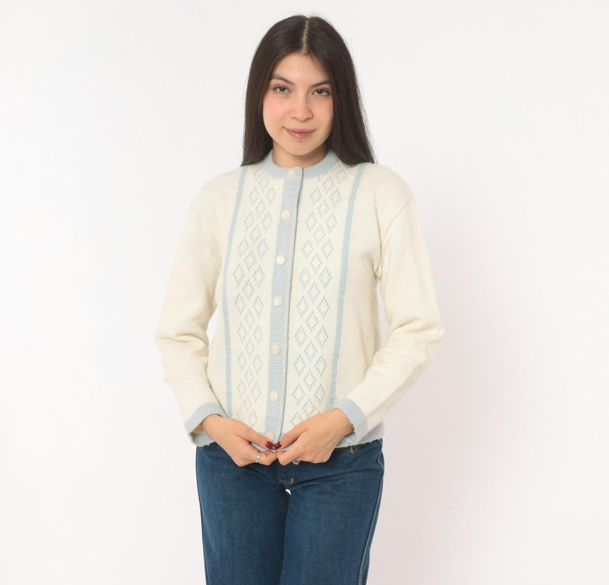 70s Mello Knit Cream Baby Blue Diamond Cardigan Button Front Medium