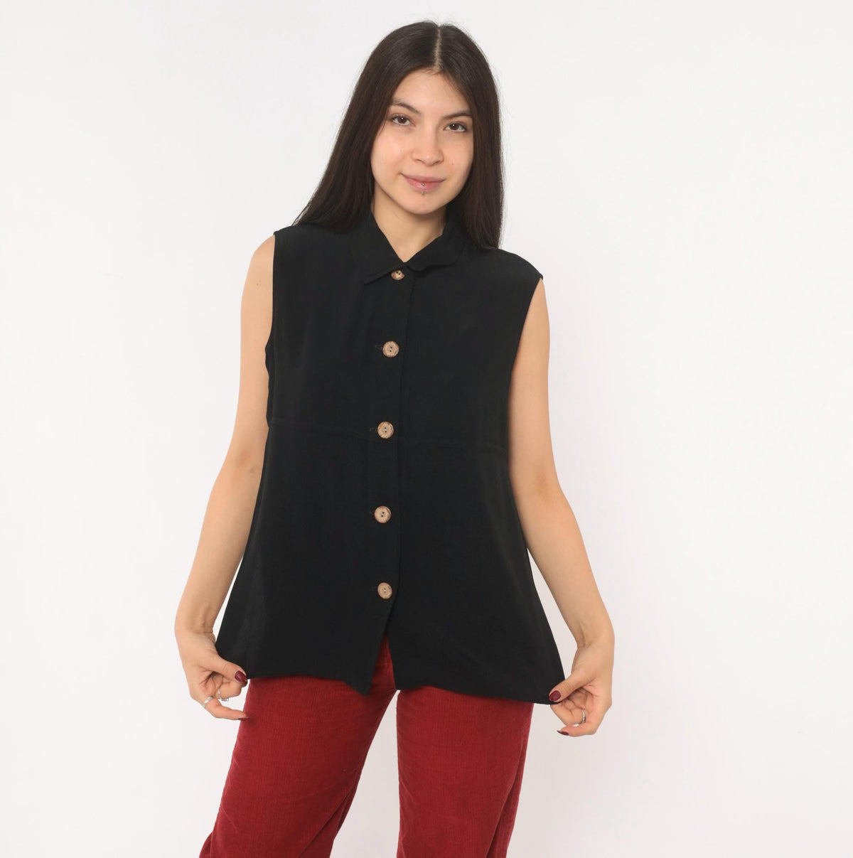90s First Option Black Sleeveless Button Blouse Pointed Collar Medium M