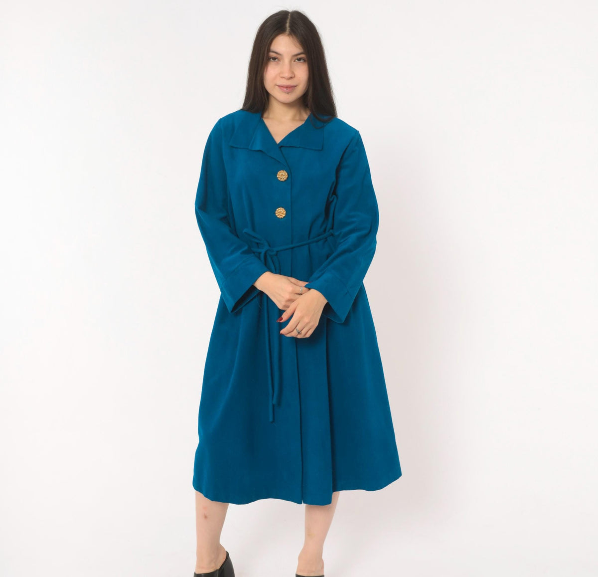 70s Vassarette Cobalt Belted Wrap Coat Knee Length Gold Buttons Medium