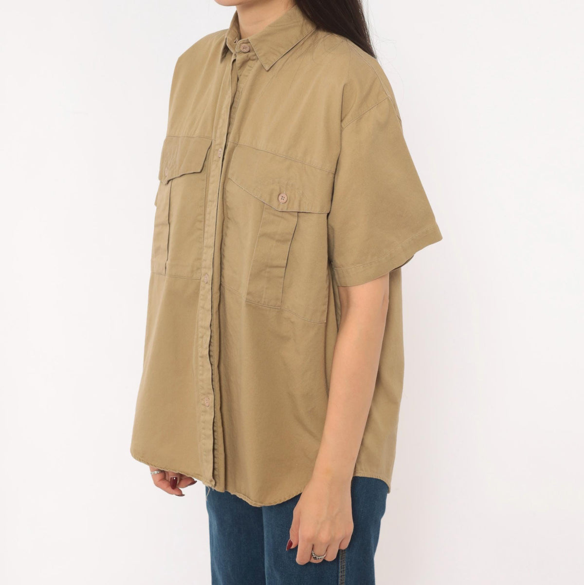 90s Forenza Tan Safari Button Shirt Cotton Khaki Utility Blouse Small S