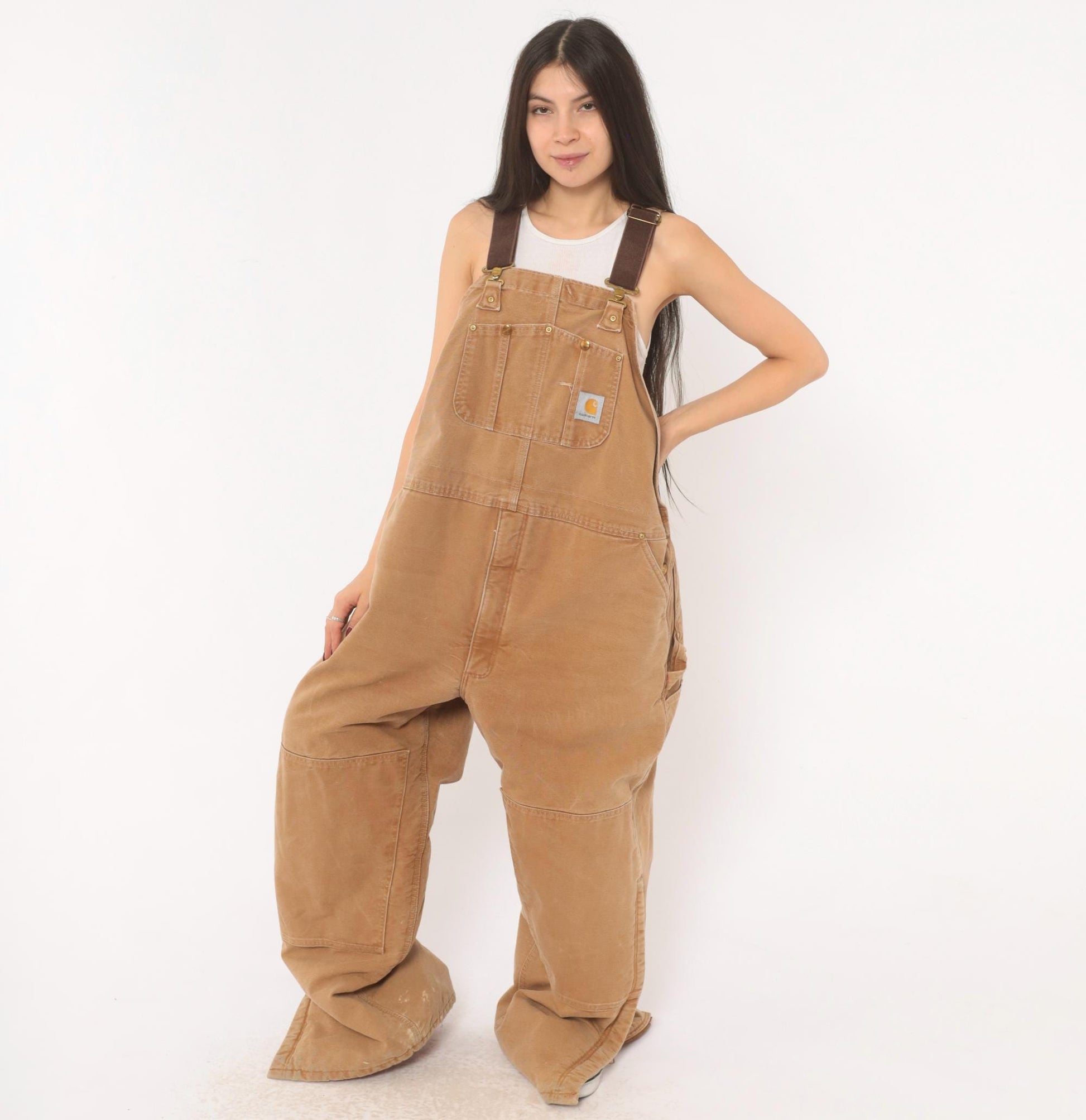 Y2K Carhartt Double Knee Bib Overalls Tan Duck Canvas Workwear XXXL