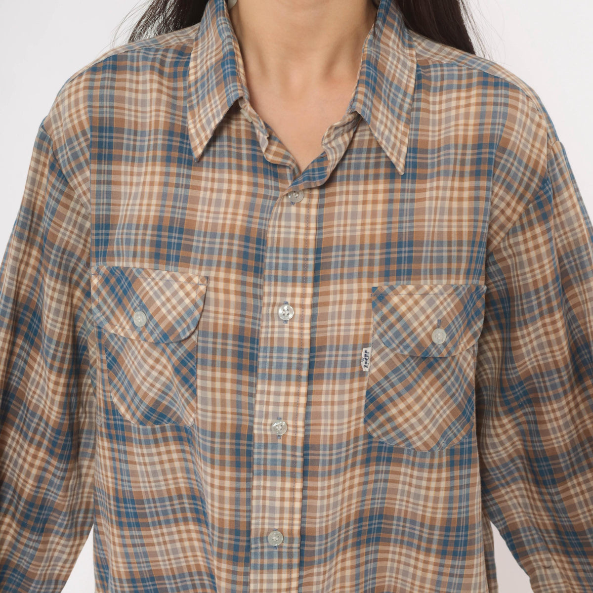 80s Levis Wildfire Plaid Button-Up Shirt Blue Tan Check Mens Medium