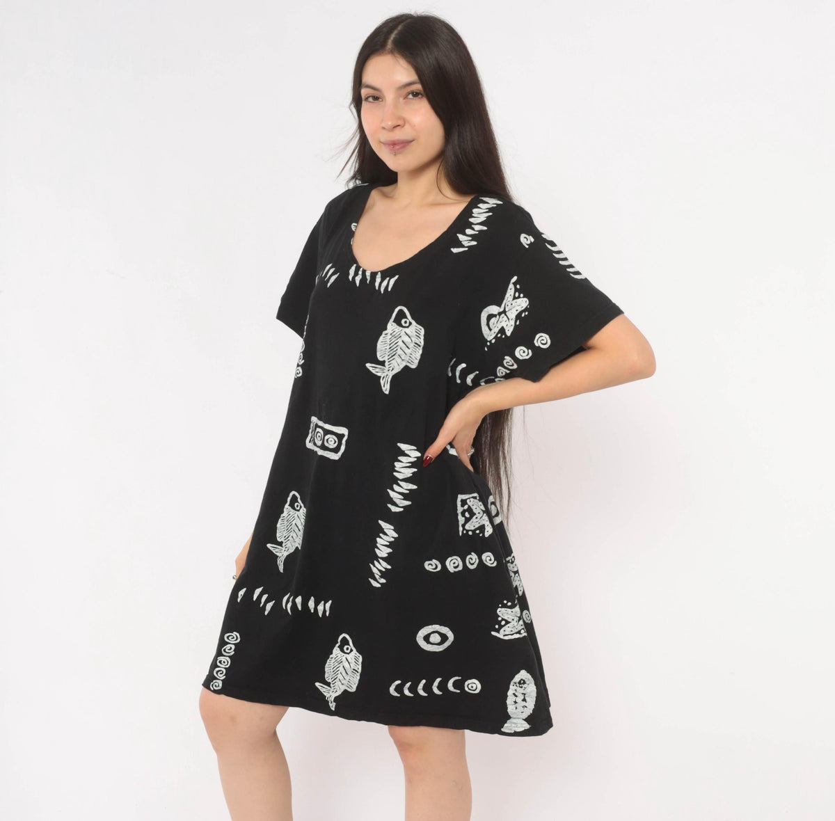 Y2K Fish Print Shift Dress Black White Cotton Marine Graphic Medium Large