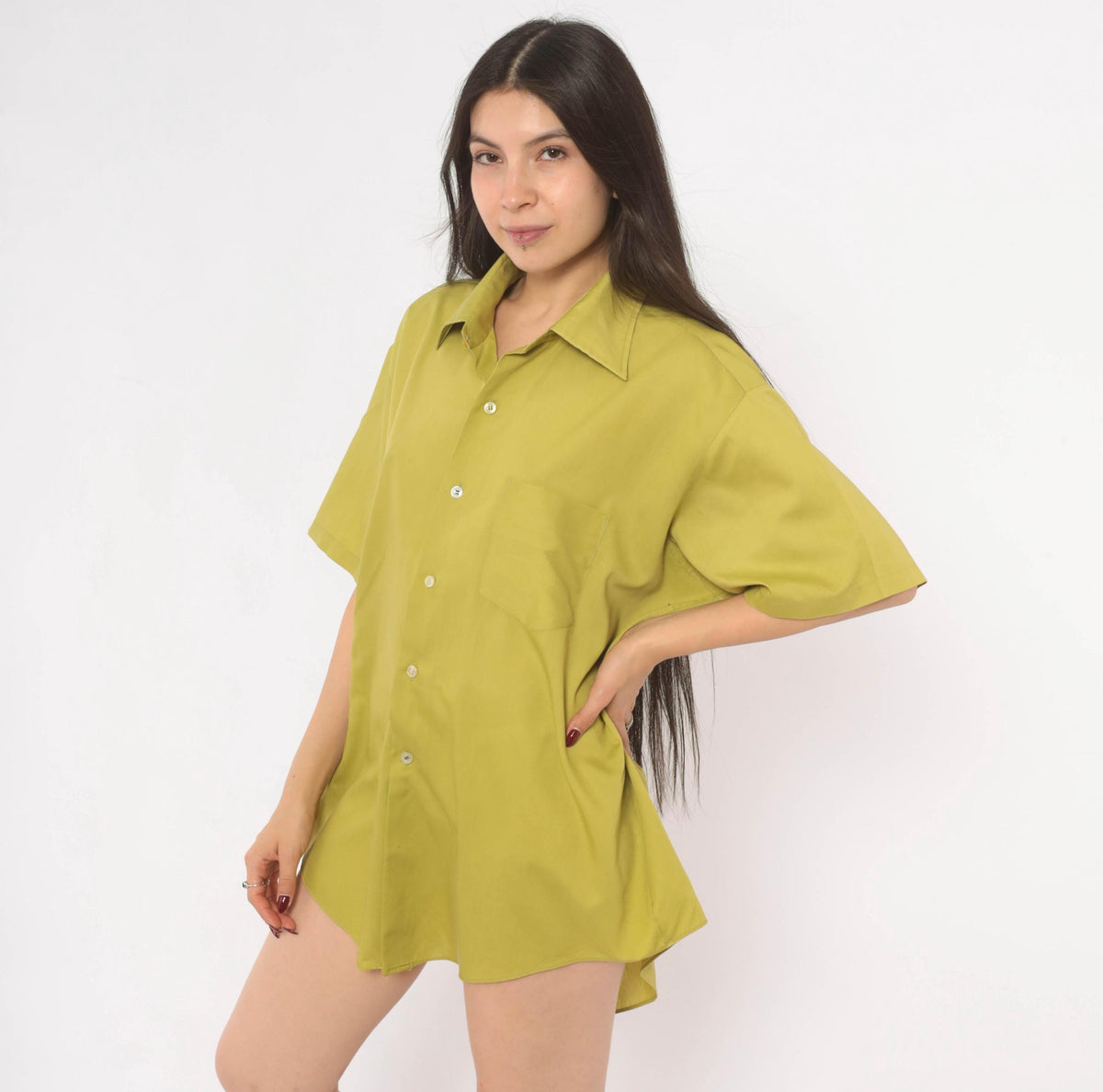 70s Olive Button-Front Camp Shirt Cotton Short Sleeve Moss Green Plus Size XXL