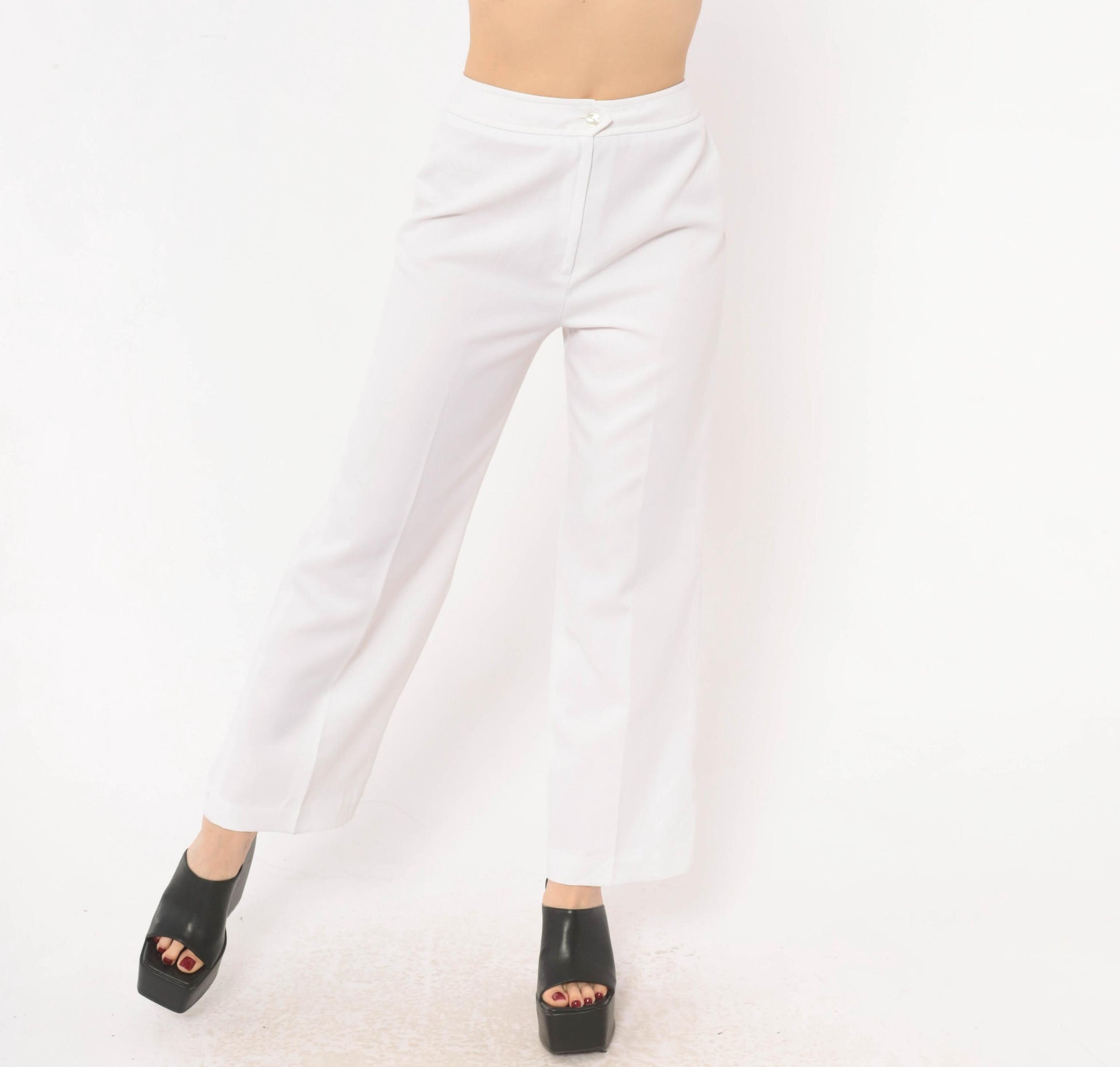 70s White Wide Leg High Rise Trousers Ivory Straight Pressed Crease Small