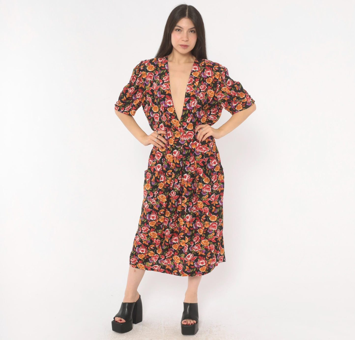 90s R.J. Stevens Floral Wrap Dress Deep V Midi Black Rose Print Large
