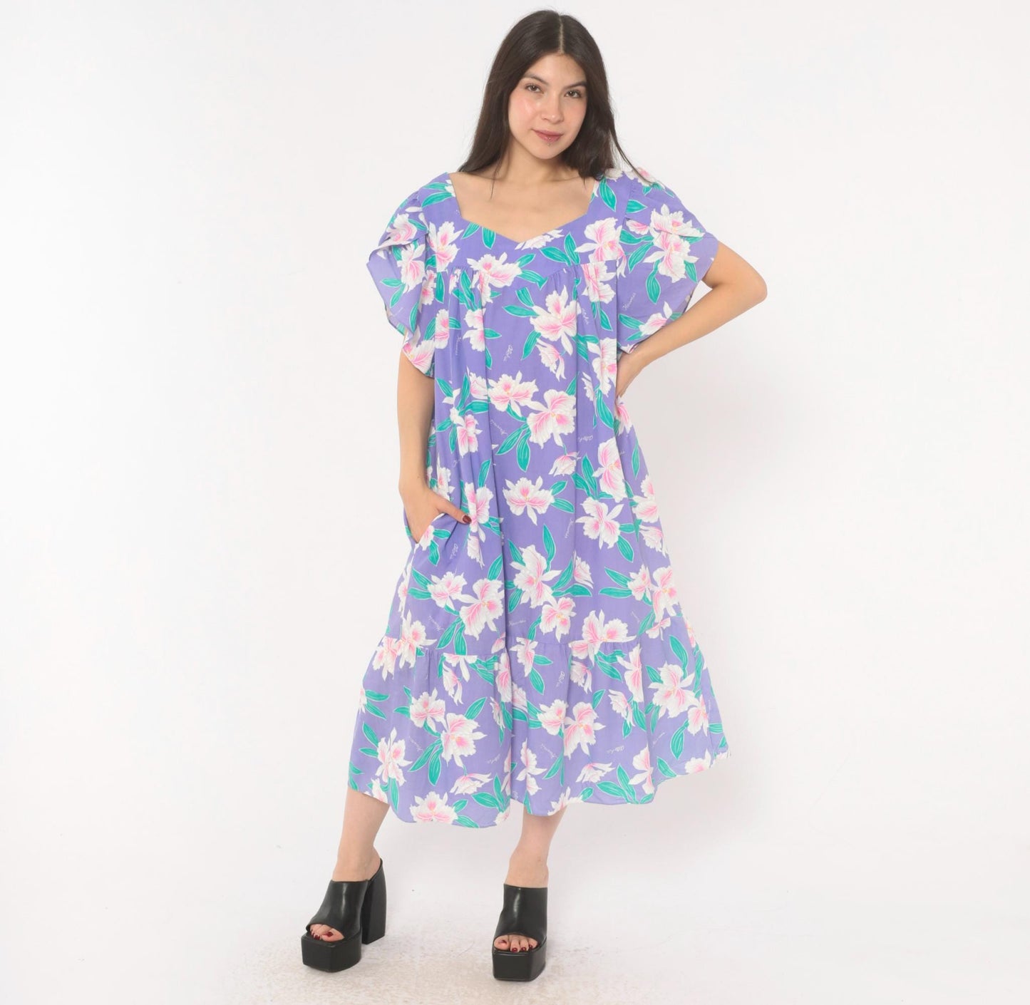 80s Jade Fashions Hawaiian Muumuu Dress Purple Orchid Floral Plus Size XXL
