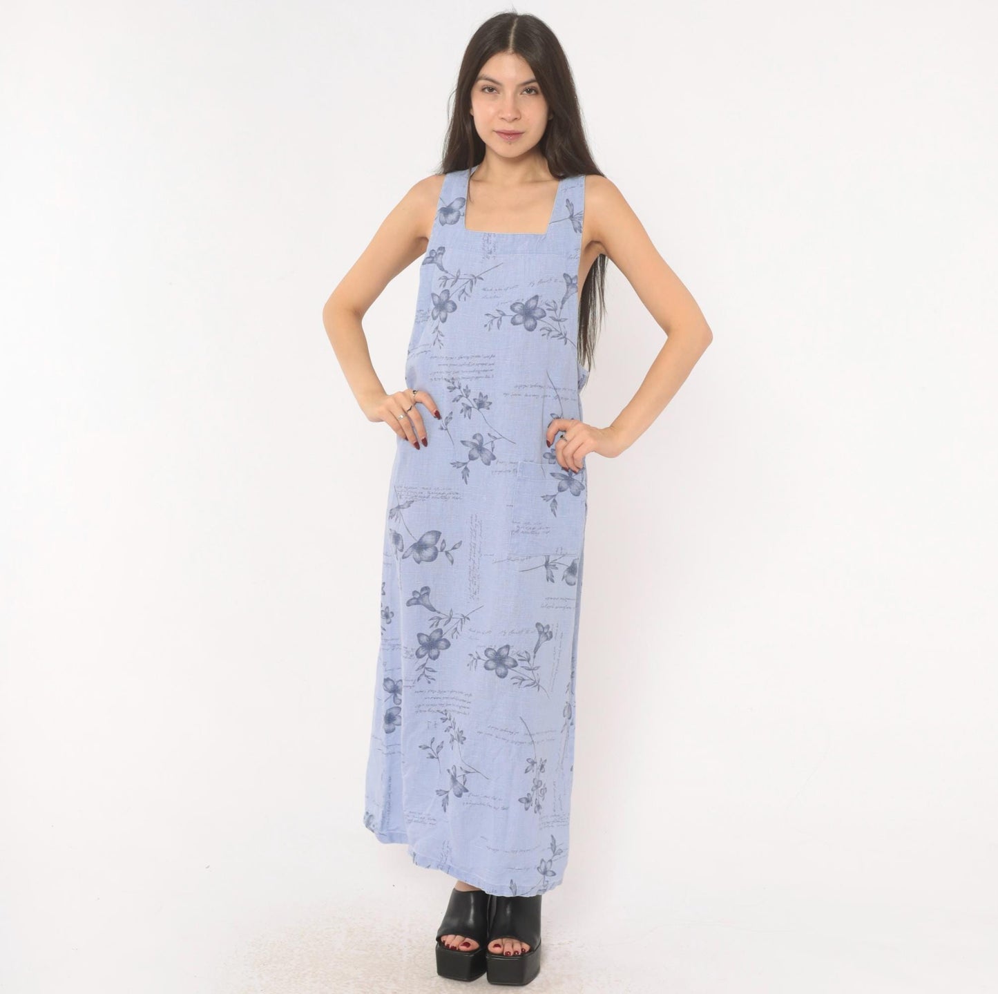 2000s Sweet Jessie Periwinkle Linen Maxi Dress Botanical Print Square Neck Medium M