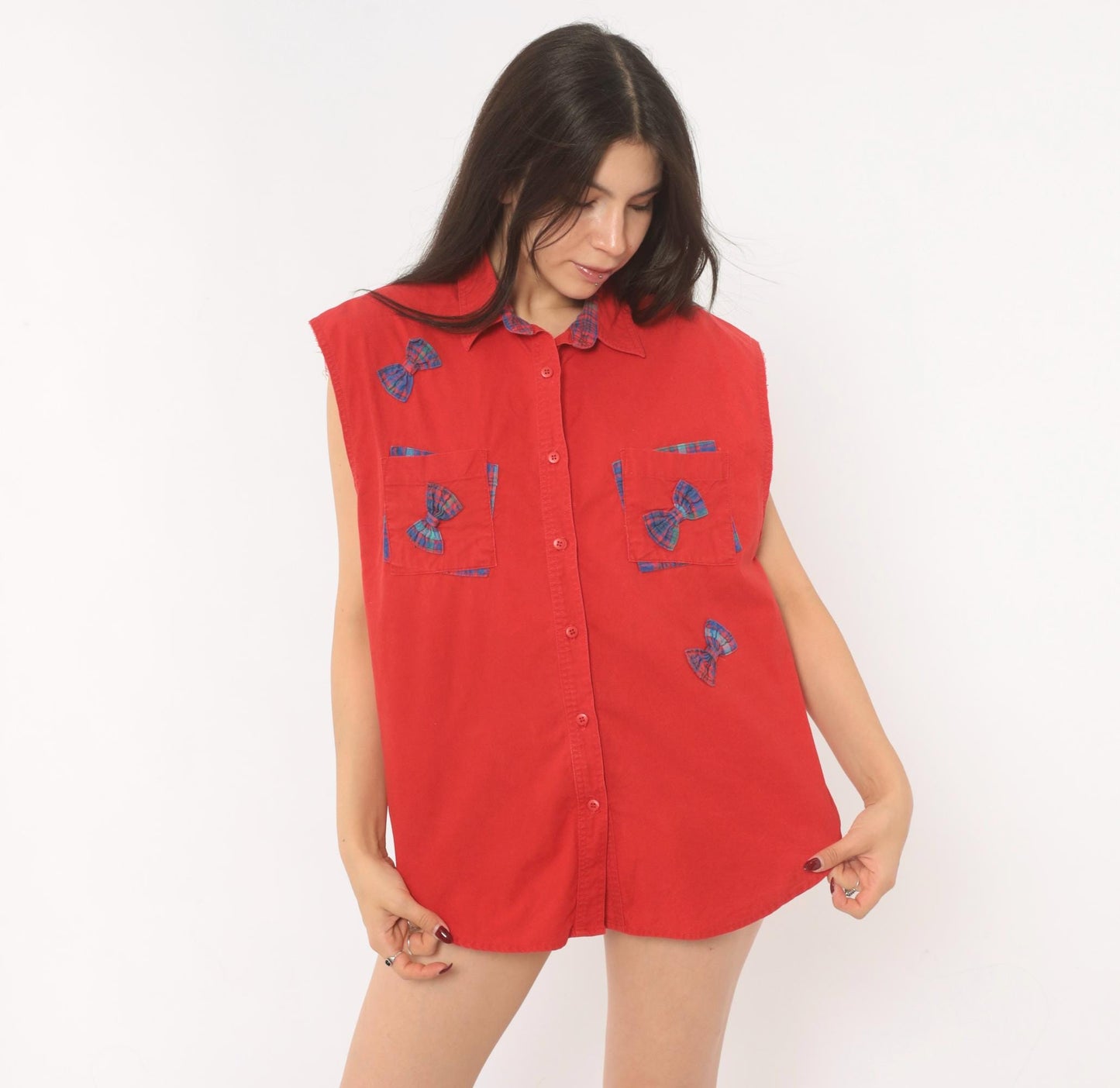 90s Cricket by the Creek Red Plaid Bow Applique Sleeveless Blouse Large L