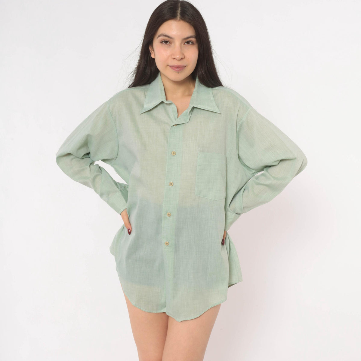 70s Sage Green Button-Up Shirt Camp Collar Semi-Sheer Cotton Long Sleeve XXL