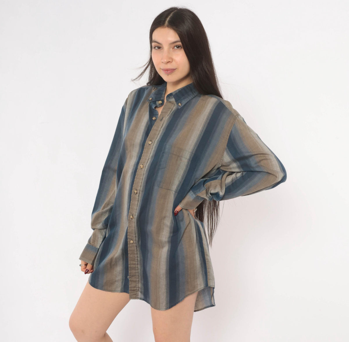 80s Mcgregor Striped Button Down Oxford Shirt Navy Taupe Brown Large L